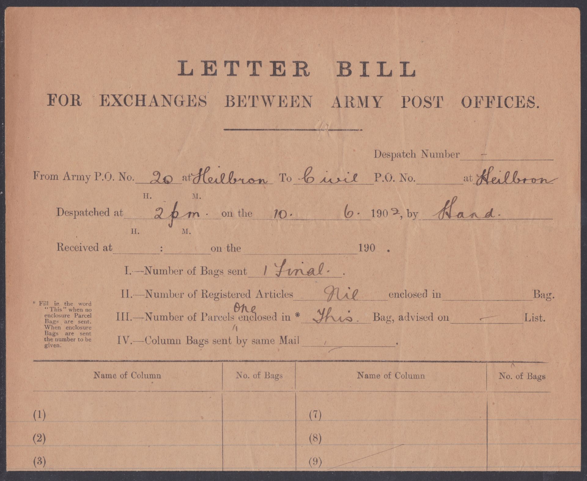 BOER WAR 1902 - Army Post Office Letter Bill passing mail from the A.P.O. at Heilbron to the Civil