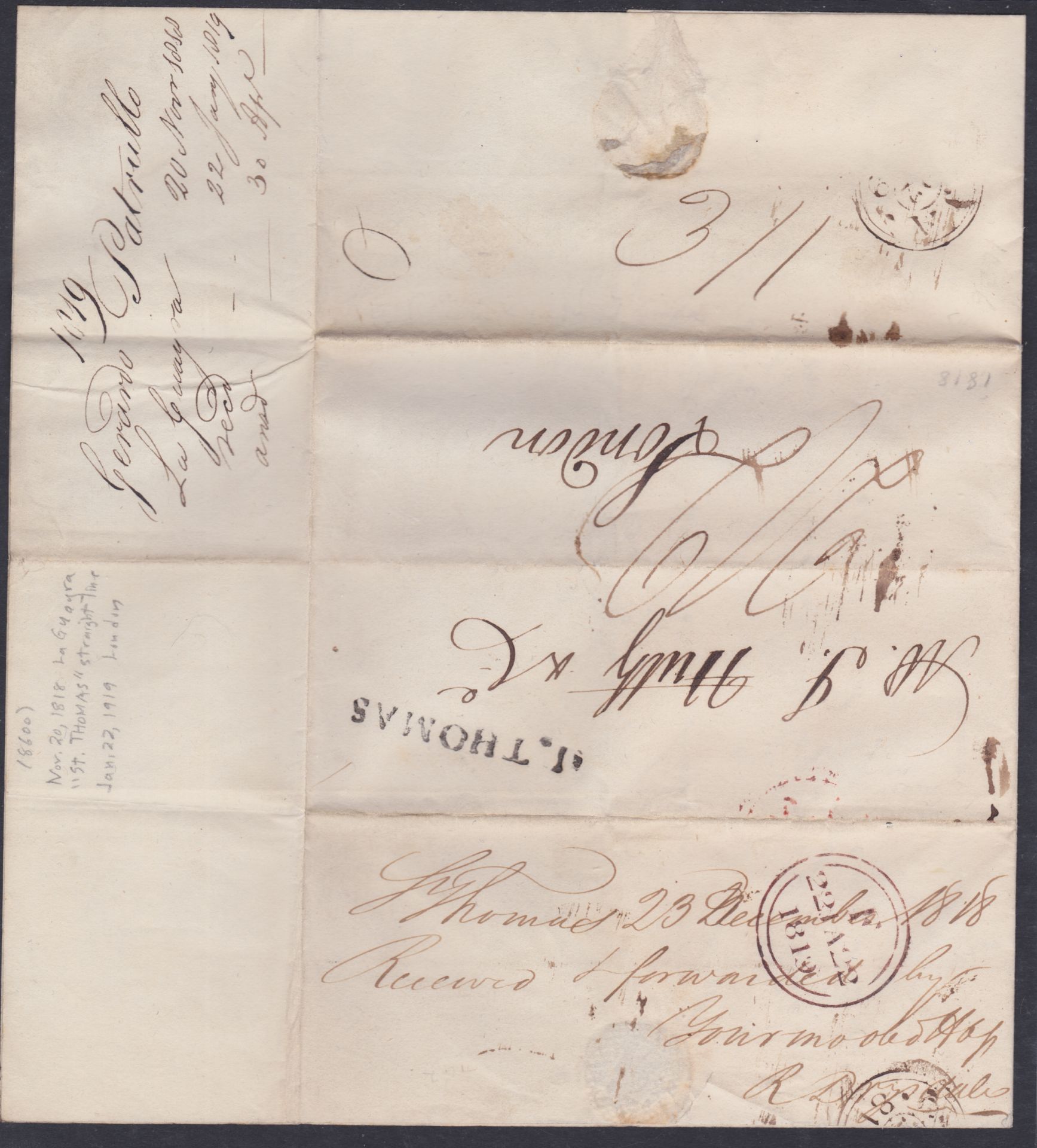 DANISH WEST INDIES 1818 - Entire letter from La Guayra to London sent by forwarding agent to St - Image 2 of 3