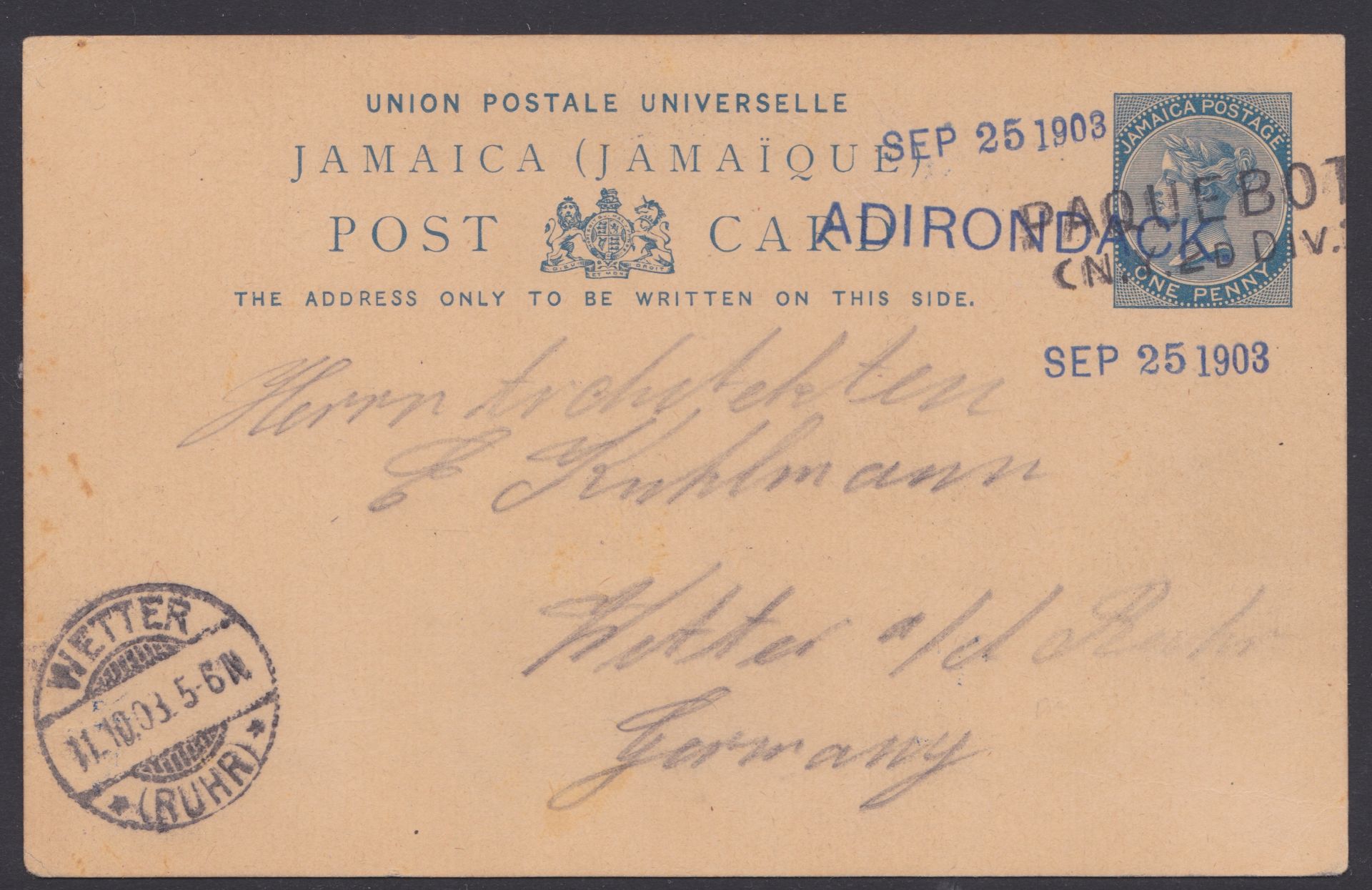 JAMAICA / GERMANY / UNITED STATES 1903 - Jamaica 1d postal stationery Post Card to Germany cancelled