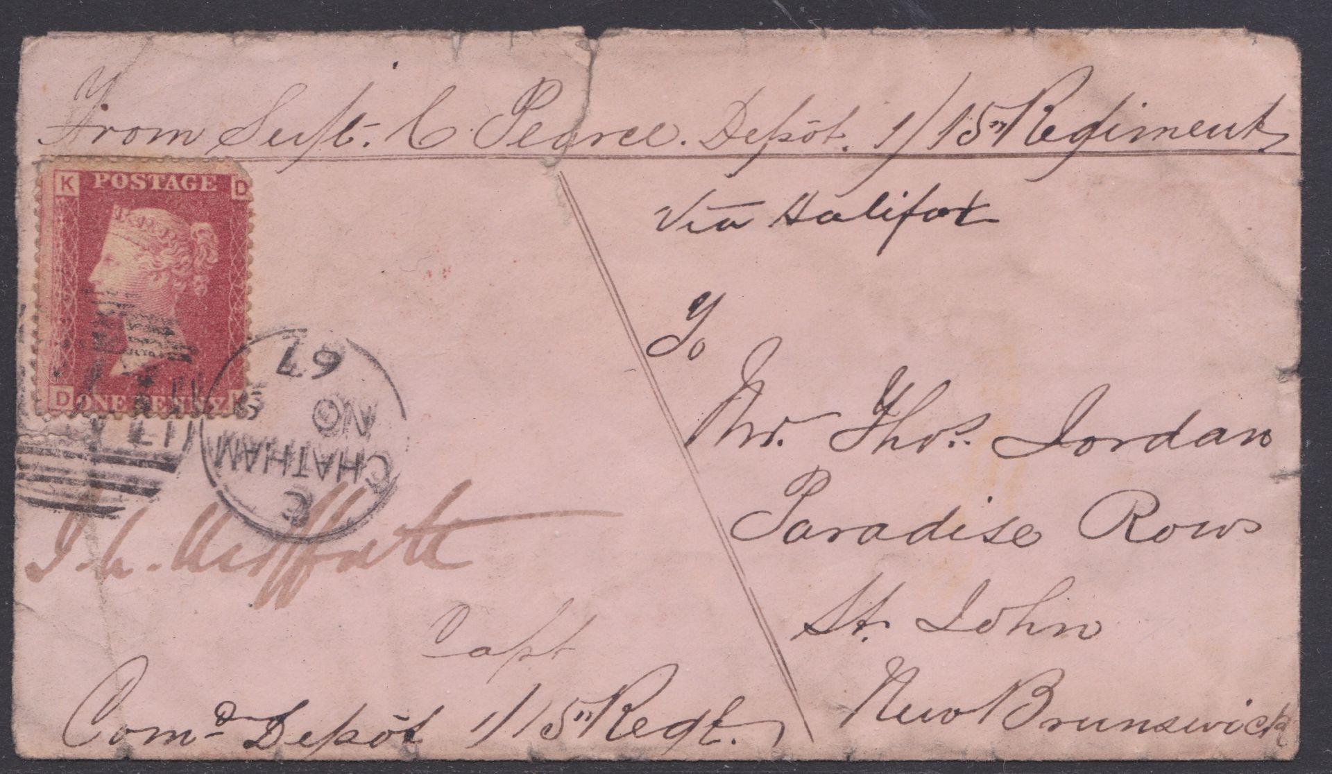 NEW BRUNSWICK G.B.- MILITARY 1867 - Cover (small fault) sent at the 1d soldiers rate from Chatham to