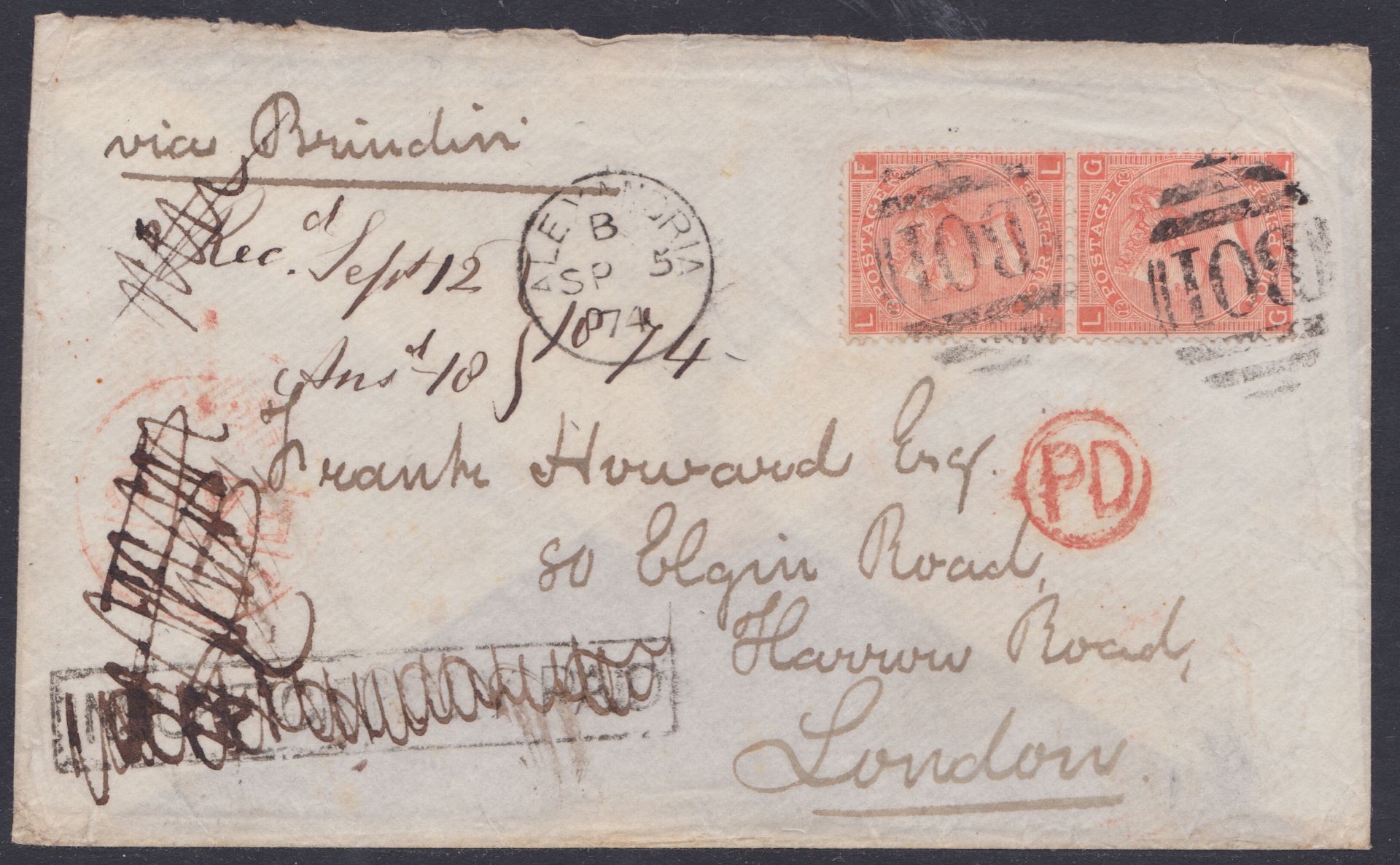 EGYPT / G.B. USED ABROAD 1874 - Cover from Alexandria to London with GB 4d vermilion plate 13