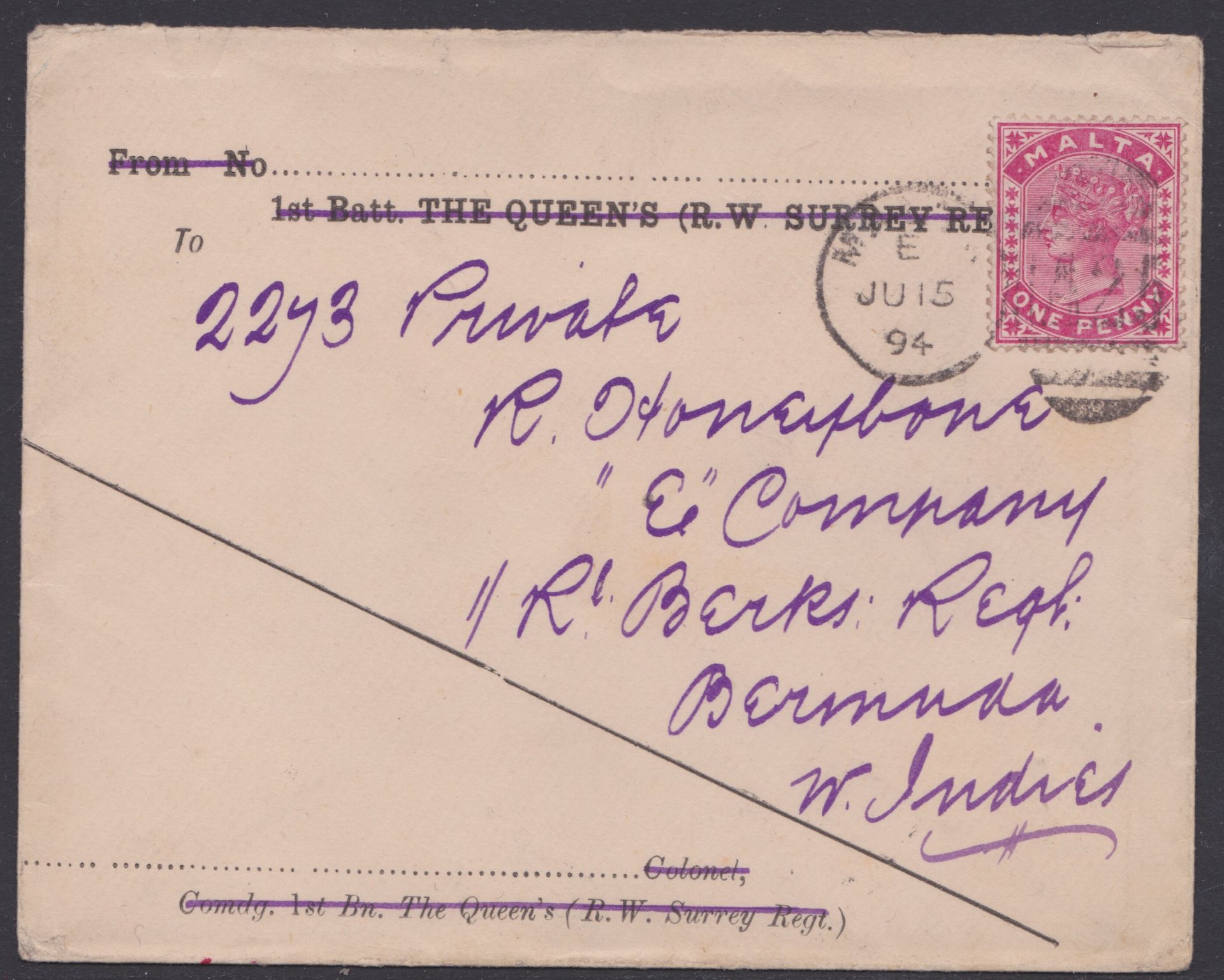 MALTA / BERMUDA 1894 - Printed soldiers envelope with "1st Batt. THE QUEEN'S (R.W. SURREY REGT)