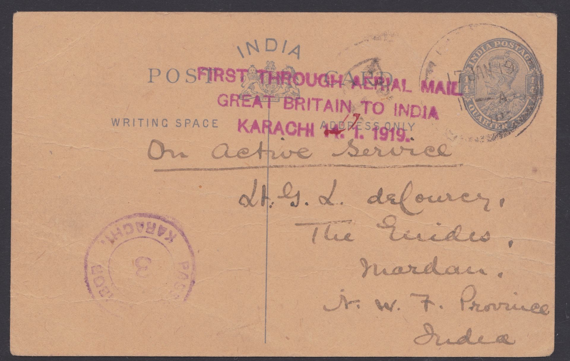 INDIA / PERSIAN GULF - AIR MAILS 1919 (Jan 12) - 1/4a Postal stationery postcard endorsed "On Active