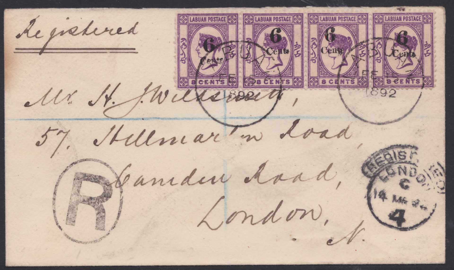 LABUAN 1892 - Registered cover to England franked by 1891 6 cents on 8c violet strip of four