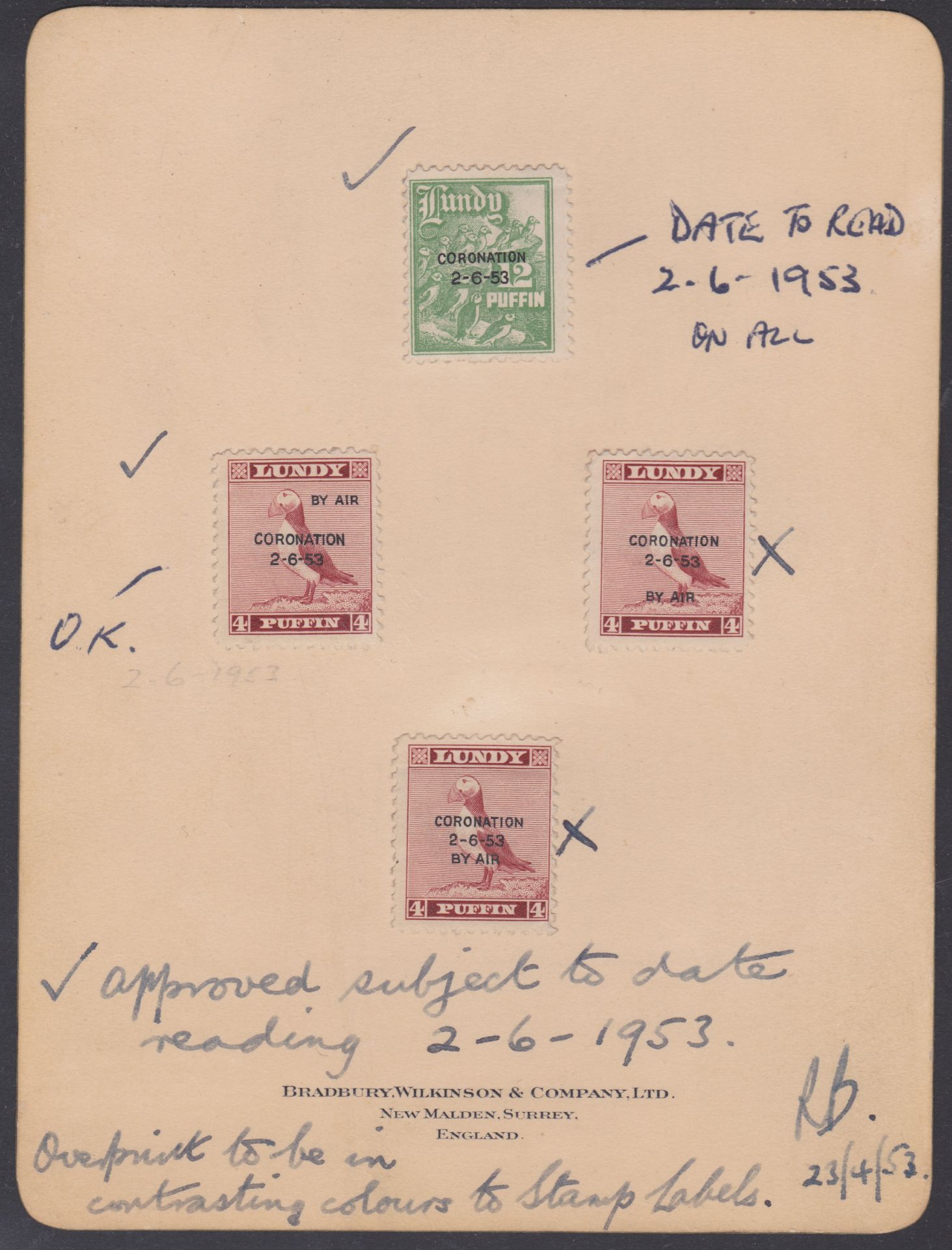 G.B. - LUNDY ISLAND - Coronation overprint issue, unadopted "CORONATION / 2-6-53" overprints in