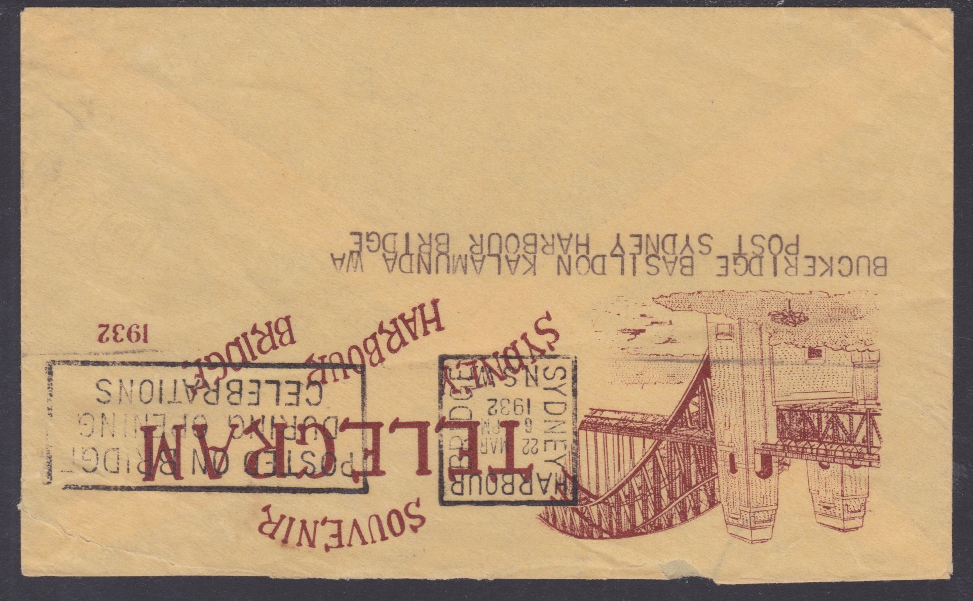 AUSTRALIA 1932 - Sydney Harbour Bridge souvenir telegram with S.E Pylon c.d.s. (Mar 1) and the - Image 2 of 2