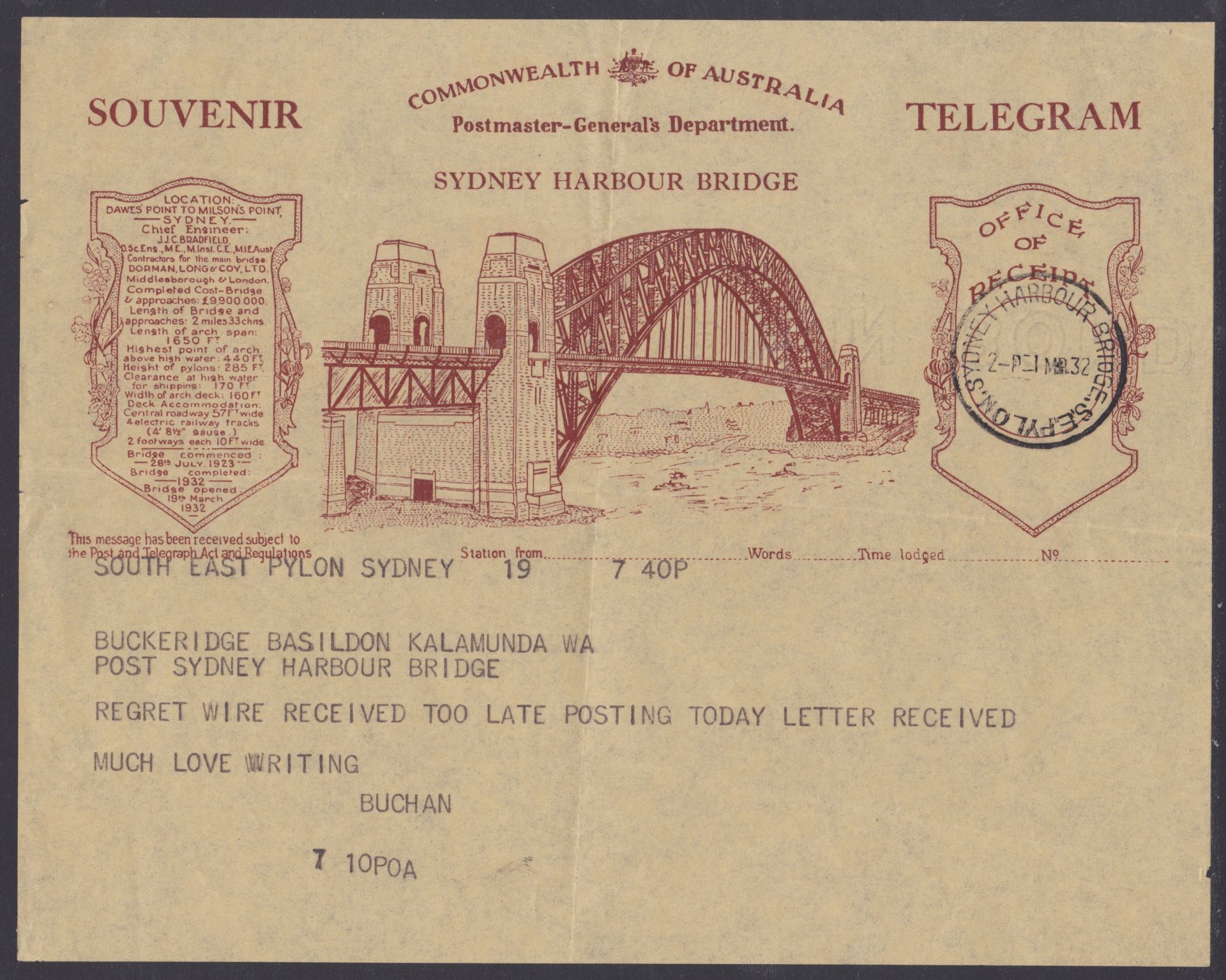 AUSTRALIA 1932 - Sydney Harbour Bridge souvenir telegram with S.E Pylon c.d.s. (Mar 1) and the