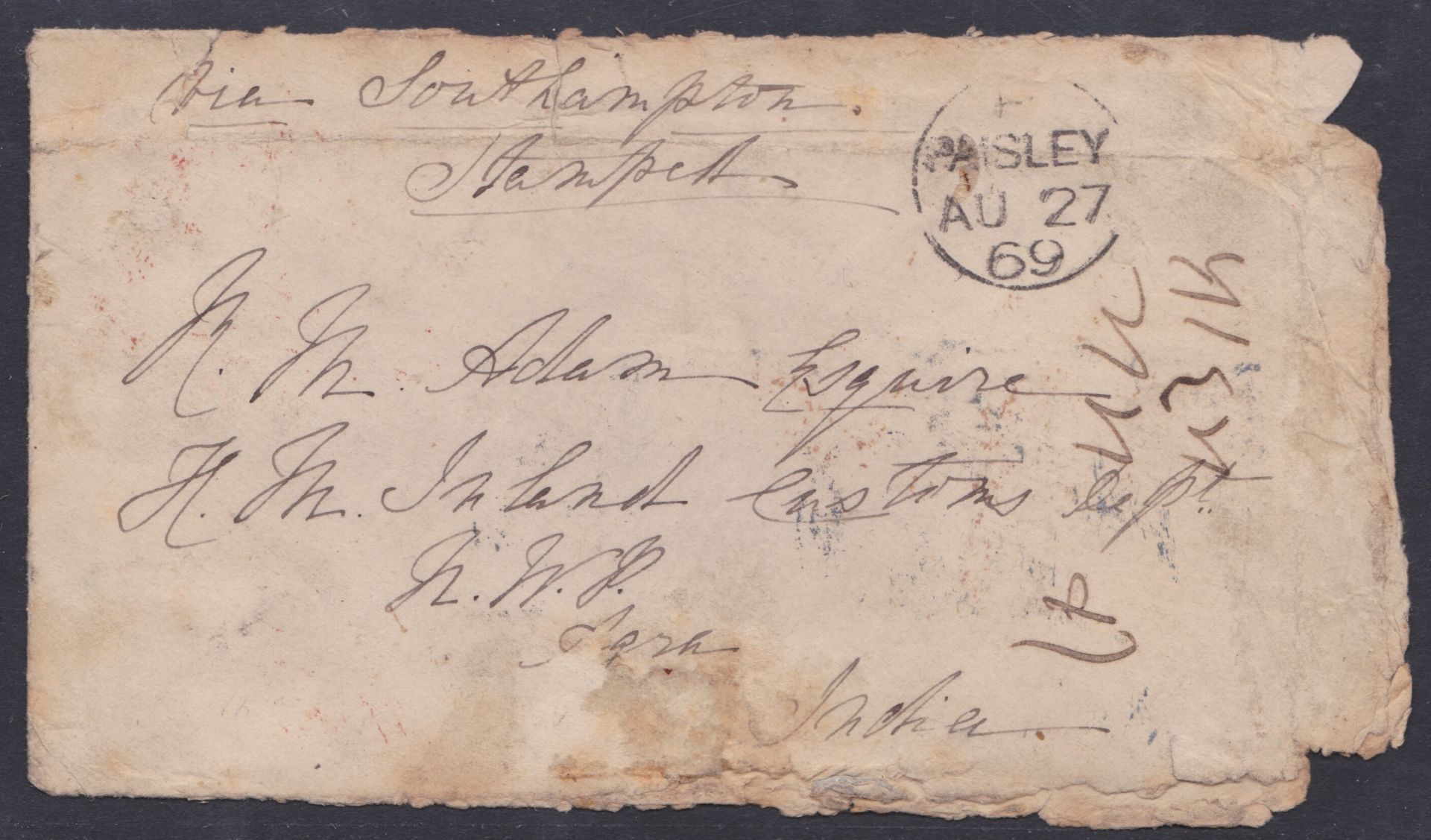 CRASH & WRECK 1869 - Cover from Paisley to India, water damaged and the stamp washed off, the