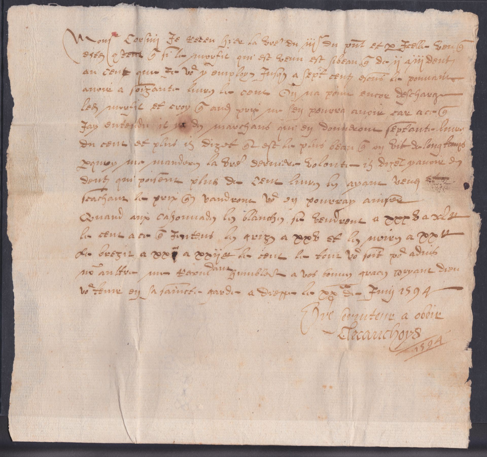 FRANCE - CORSINI 1594 - Entire letter from Monsieur Teauchoys, a merchant in Dieppe to Bartolomeo - Image 2 of 2