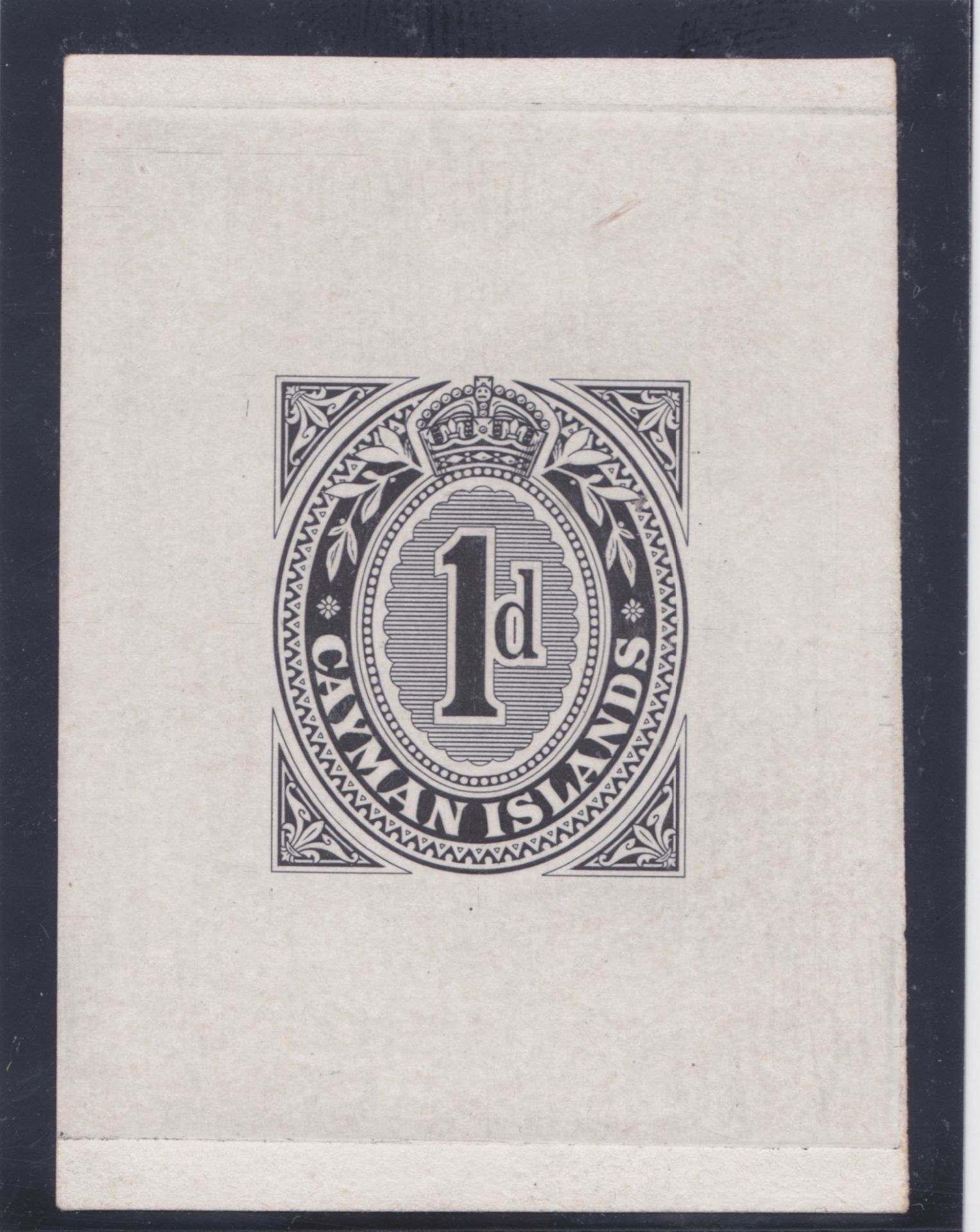 CAYMAN ISLANDS 1909 - 1d Postal stationery postcard and envelope stamp Die Proof in black on thin