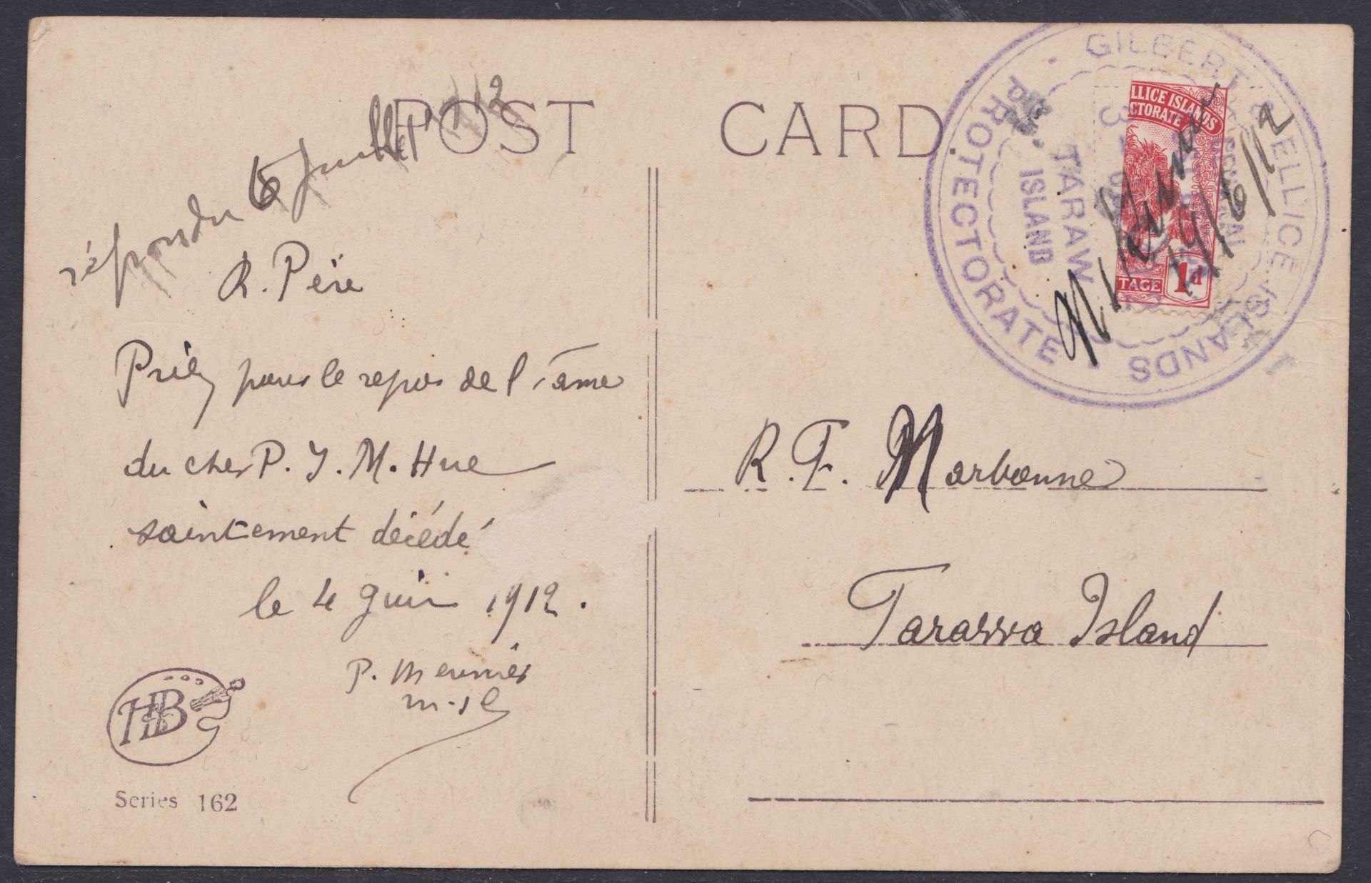 GILBERT & ELLICE ISLANDS 1912 (june 19) - Picture postcard to a catholic priest at Tarawa, the