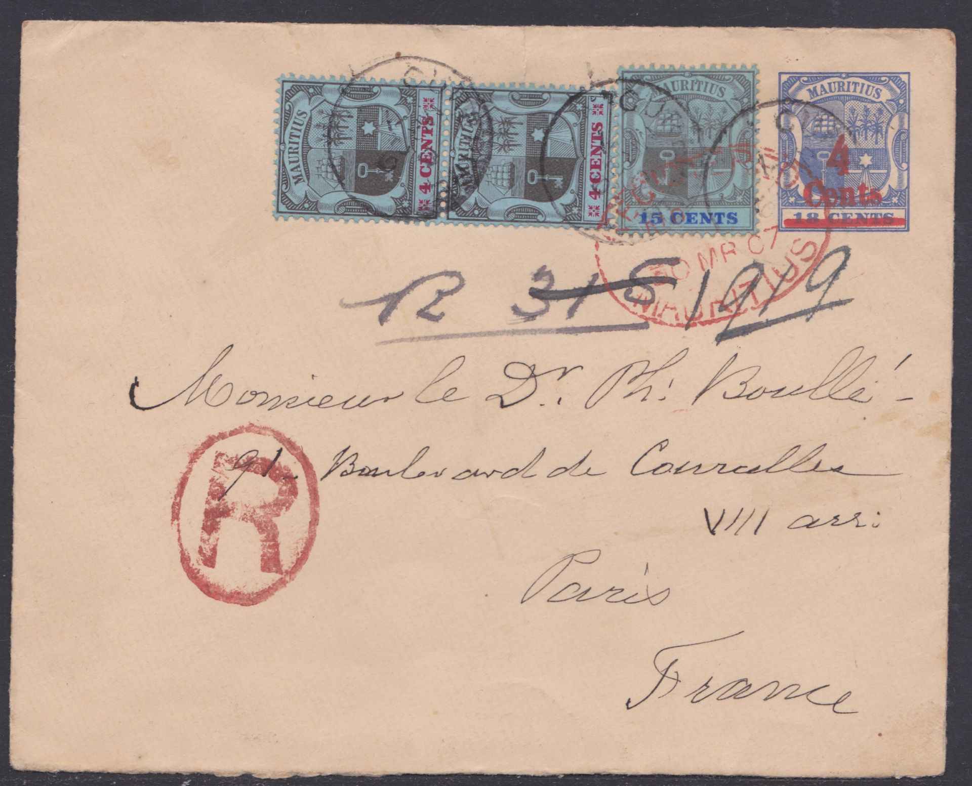 MAURITIUS 1907 - Registered 4c on 36c postal stationery envelope sent from Curepipe to France,