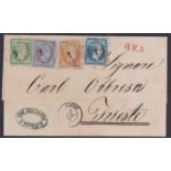GREECE 1862 - Entire (some staining) from Patras to Trieste bearing 1861 Paris Printing 5L, 20L,