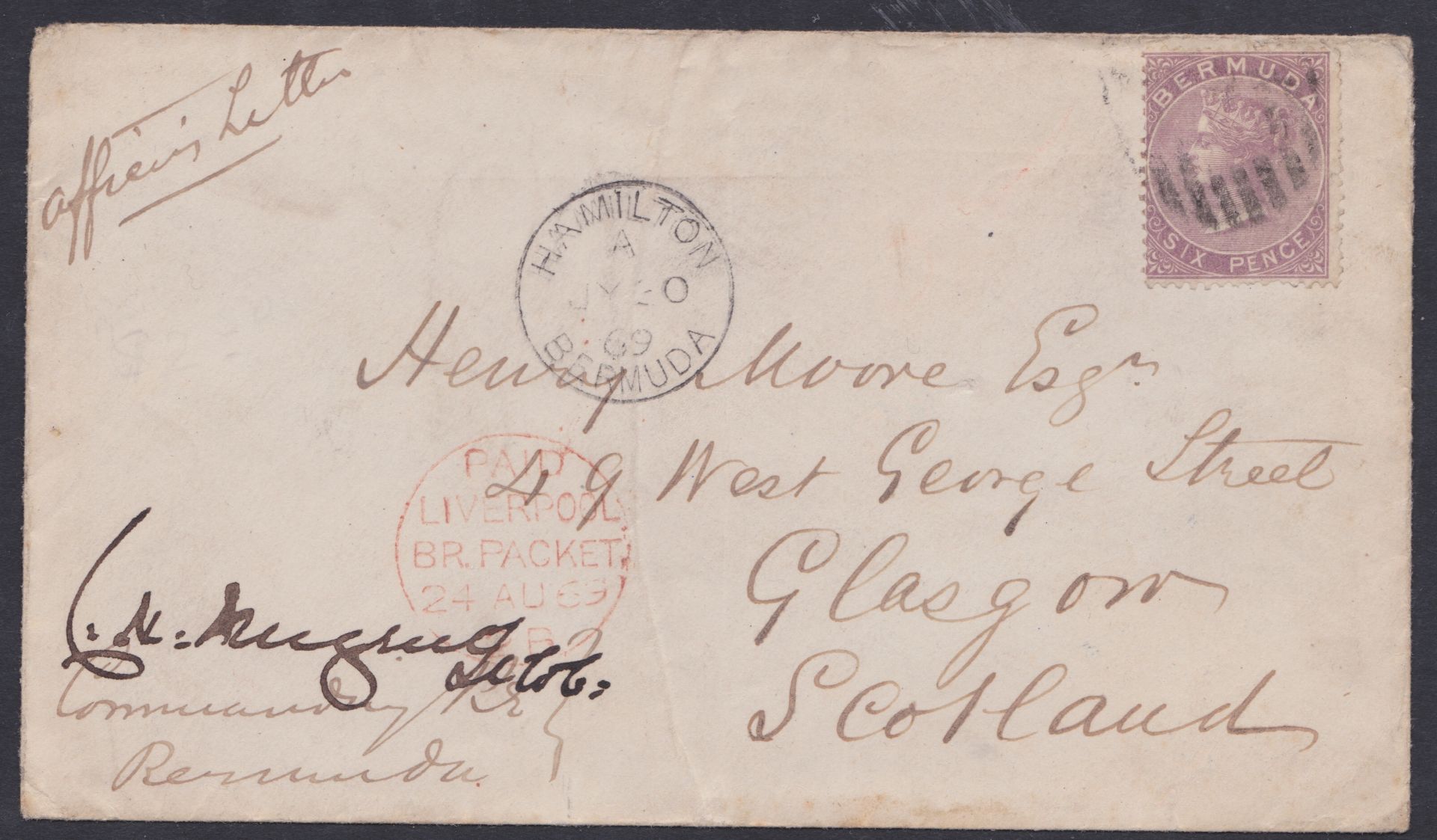 BERMUDA 1869 - Cover to Glasgow endorsed "Officers Letter" and signed by the Commanding Officer of