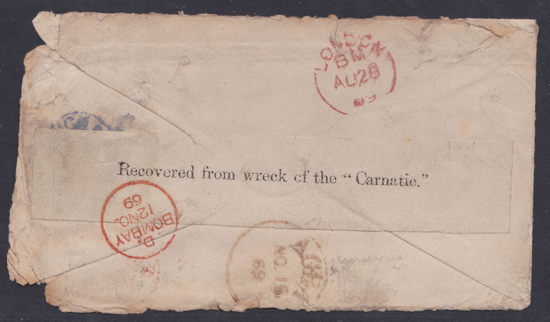 CRASH & WRECK 1869 - Cover from Paisley to India, water damaged and the stamp washed off, the - Image 2 of 2