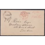 LIBERIA 1892 (April 10) - Stampless cover to London prepaid in cash due to a shortage of stamps,