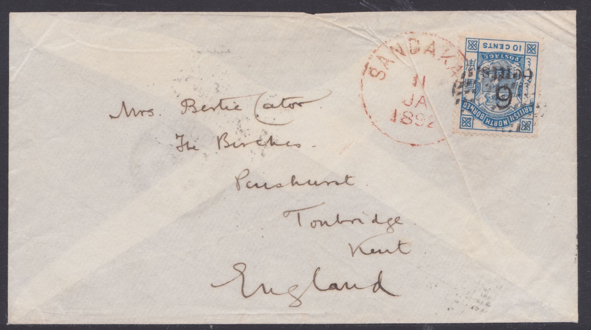 NORTH BORNEO 1892 - Cover to Kent franked by 1891-92 6 cents on 10c blue (S.G.56) tied by an upright