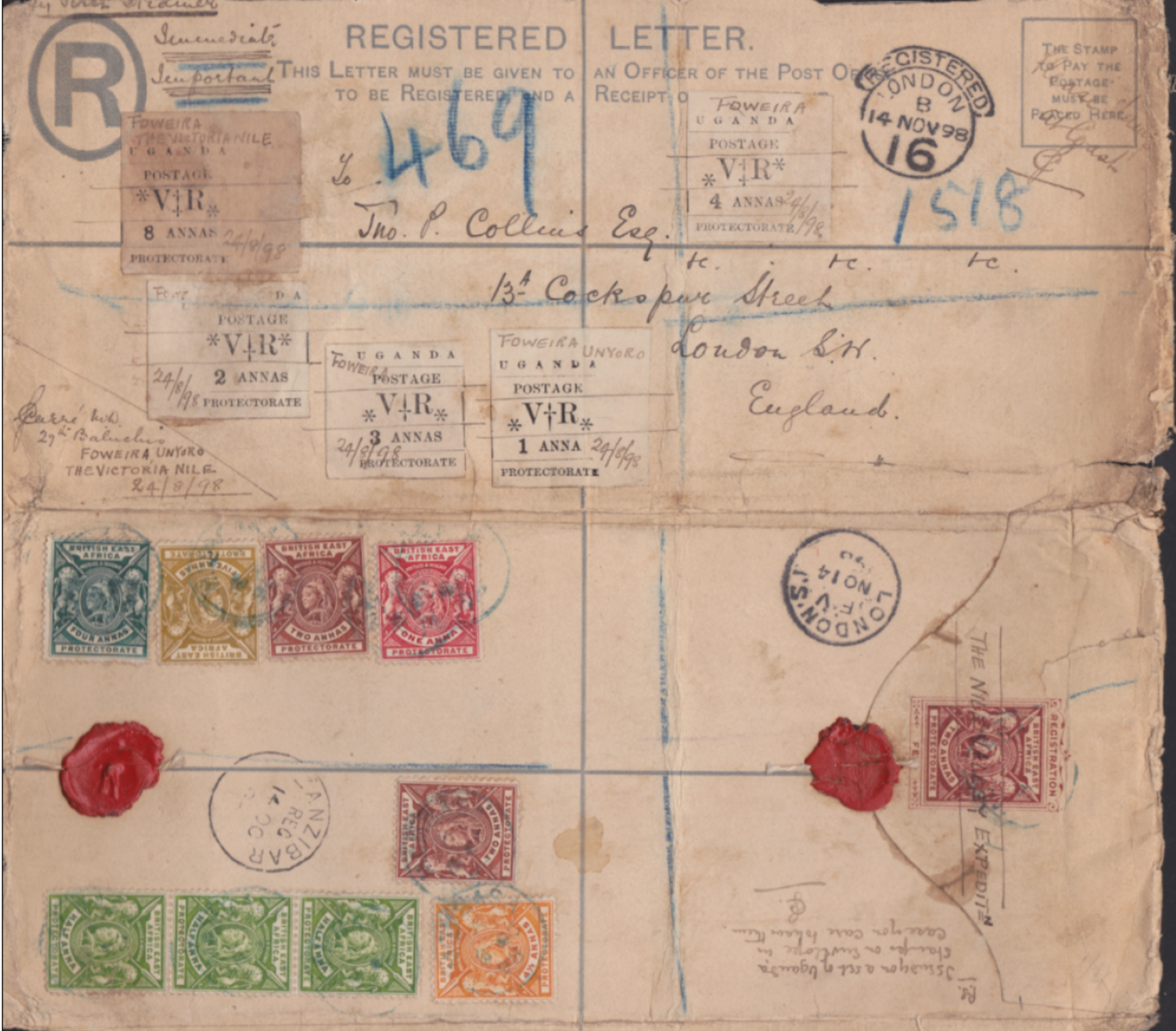 UGANDA 1898 (Aug. 24) - British East Africa 2a H2 size postal stationery registration envelope (