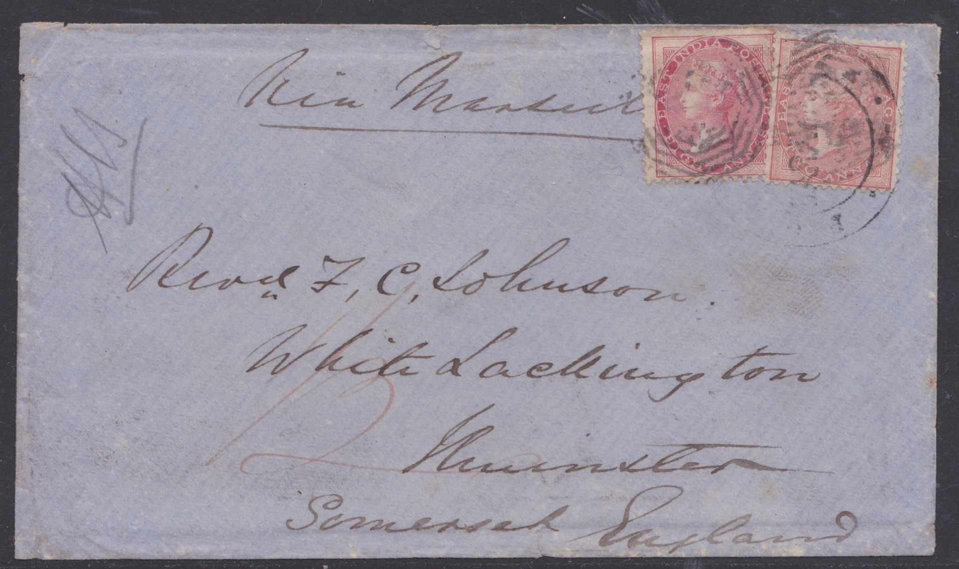SARAWAK 1862 - Neat Blue Envelope to the Revd. F.C. Johnson in Somerset, franked by 1856-64 2a