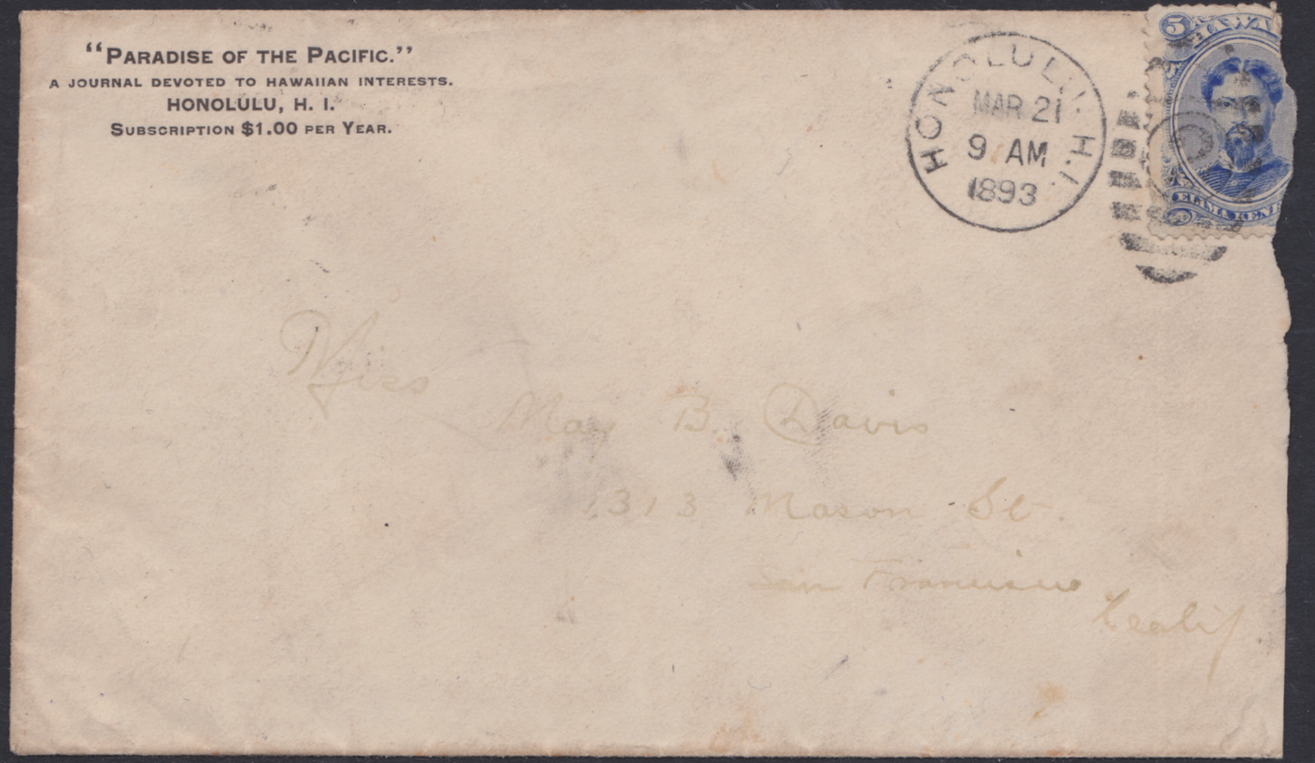 GILBERT & ELLICE ISLANDS - FANNING ISLAND / HAWAII 1893 - Envelope posted from Honolulu (Mar 21)