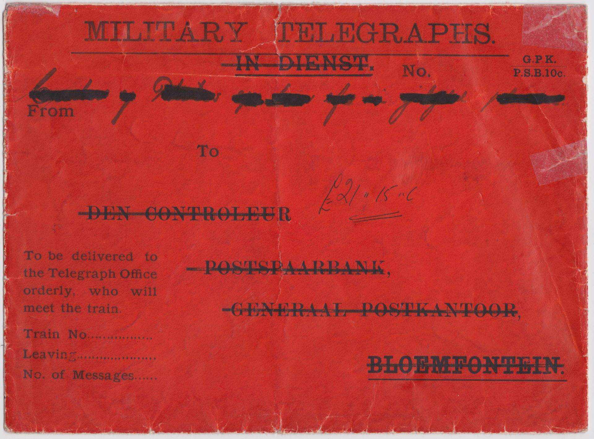 BOER WAR c.1900 - Red O.F.S. Savings Bank envelope (minor faults) overprinted with "MILITARY