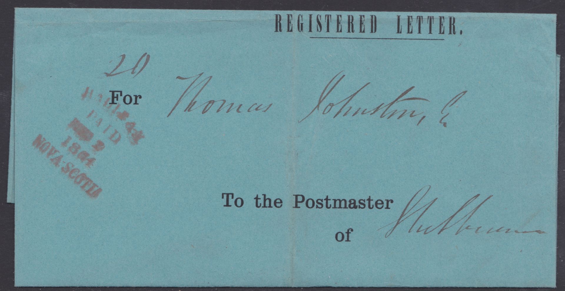 NOVA SCOTIA 1864 - Green Registered Letter Wrapper with partly printed contents and address panel,