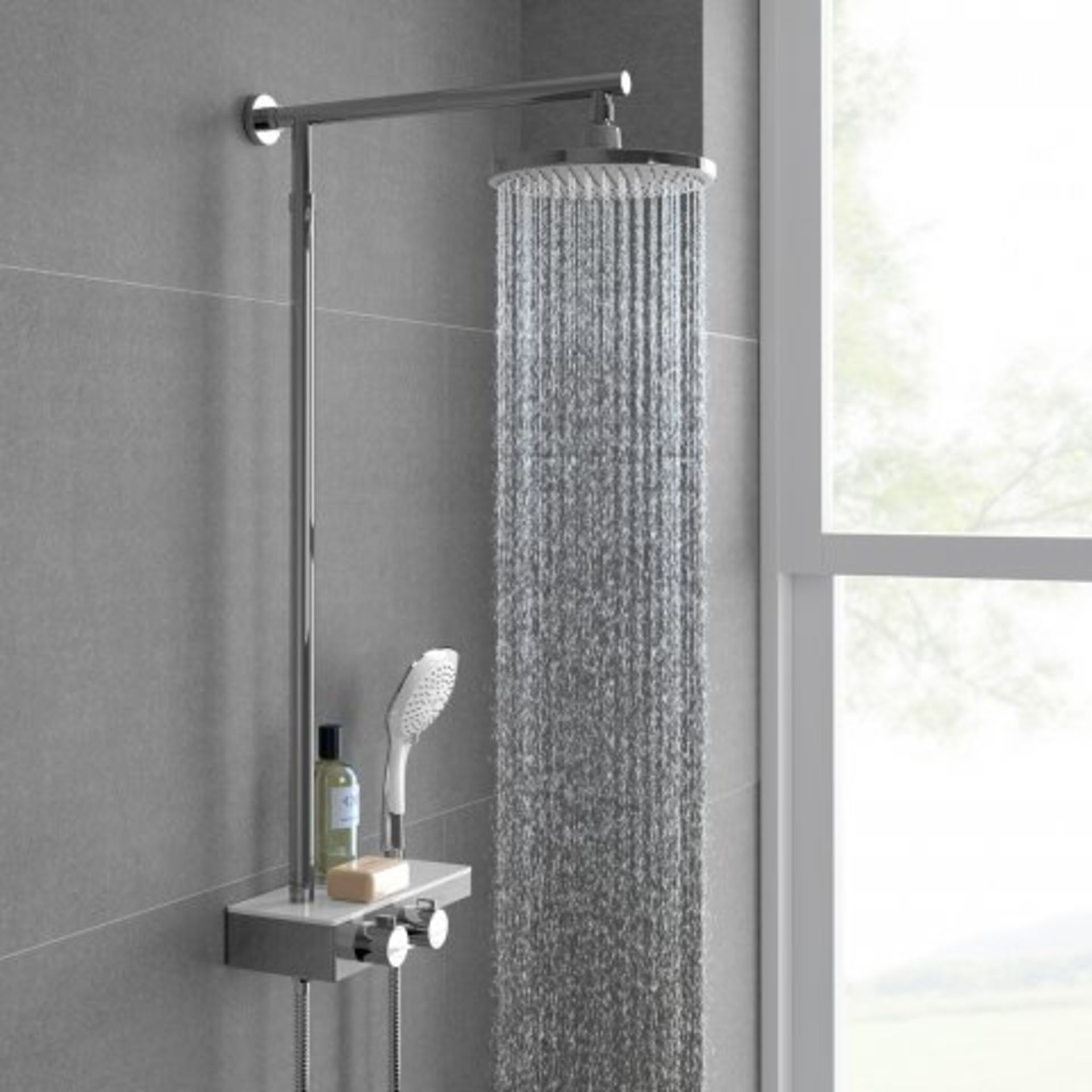 (O40) 220mm Round White & Chrome Head Thermostatic Exposed Shower Kit, Handheld & Storage Shelf. RRP