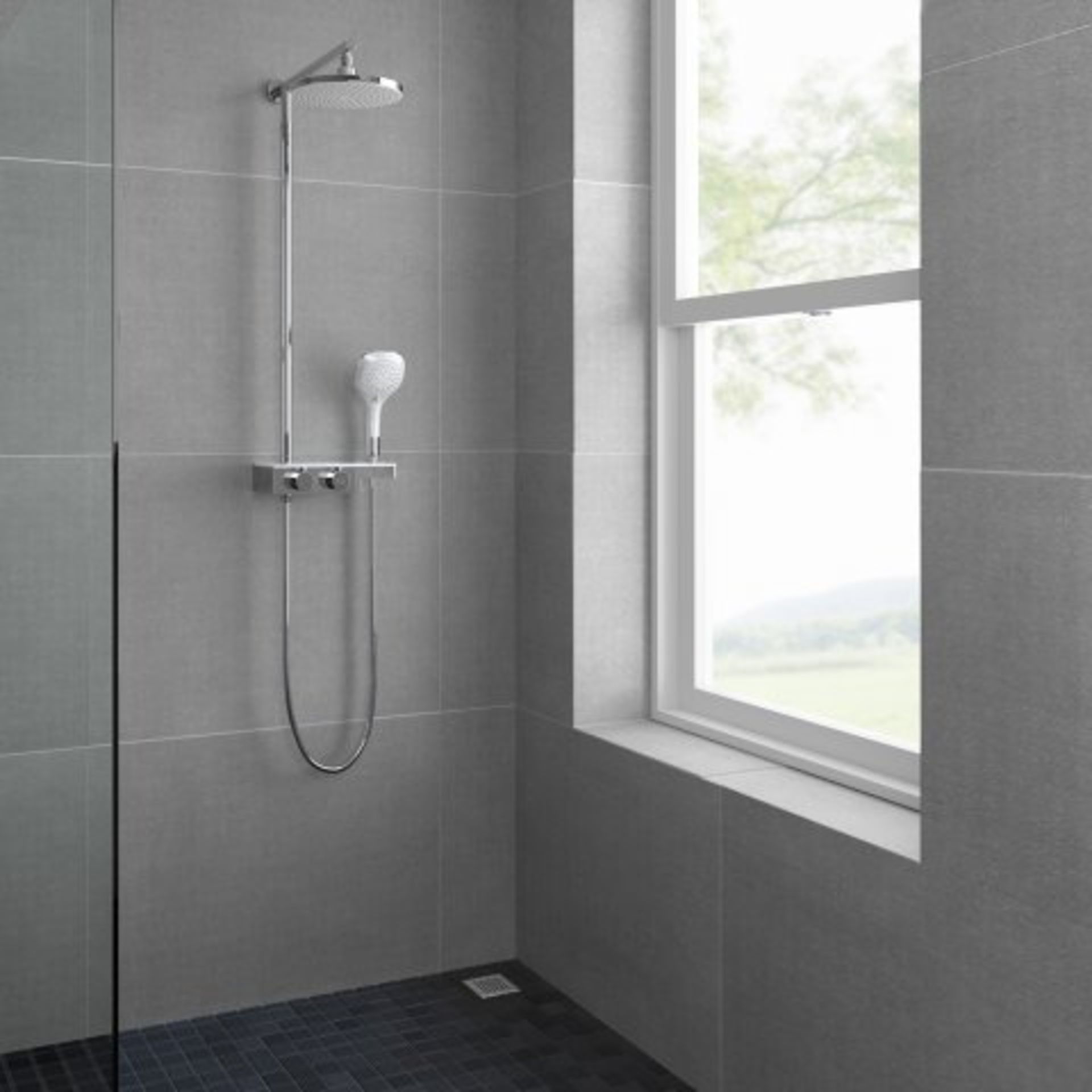 (O40) 220mm Round White & Chrome Head Thermostatic Exposed Shower Kit, Handheld & Storage Shelf. RRP - Image 3 of 5