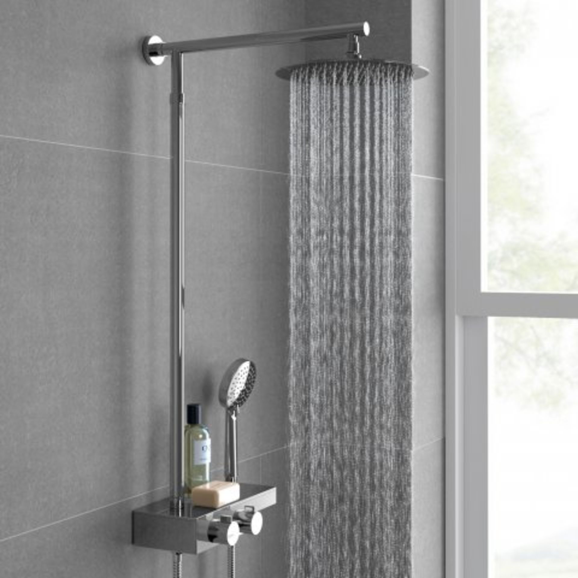 (O38) 250mm Large Round Head Thermostatic Exposed Shower Kit, Handheld & Storage Shelf. RRP £349.99.