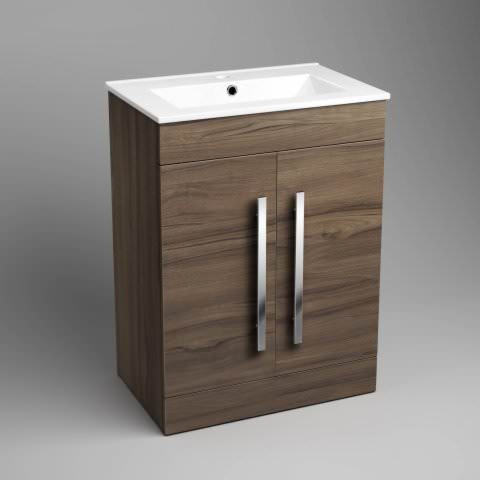 (O19) 600mm Avon Walnut Effect Basin Cabinet - Floor Standing. Complete with basin. Rectangular - Image 3 of 4