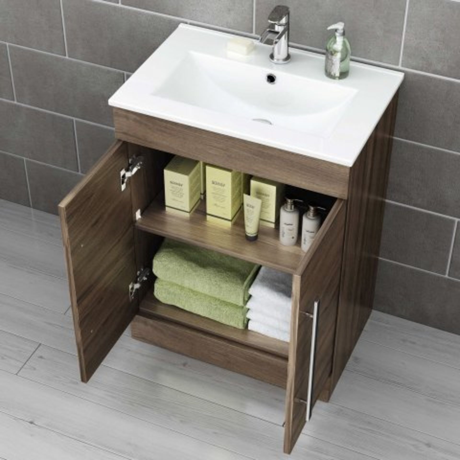 (O19) 600mm Avon Walnut Effect Basin Cabinet - Floor Standing. Complete with basin. Rectangular - Image 4 of 4