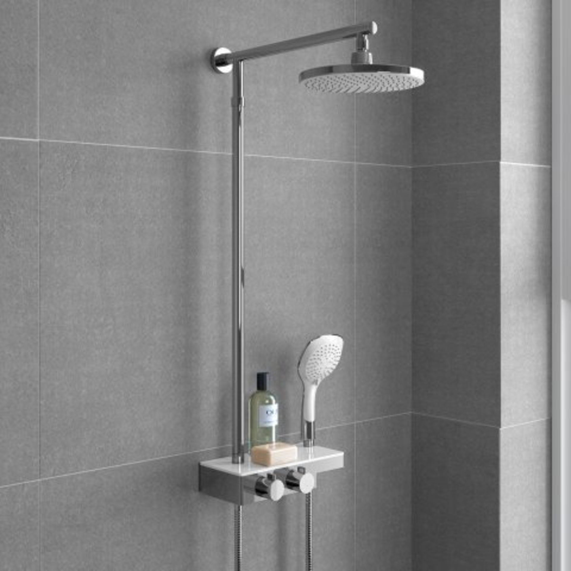 (O40) 220mm Round White & Chrome Head Thermostatic Exposed Shower Kit, Handheld & Storage Shelf. RRP - Image 2 of 5