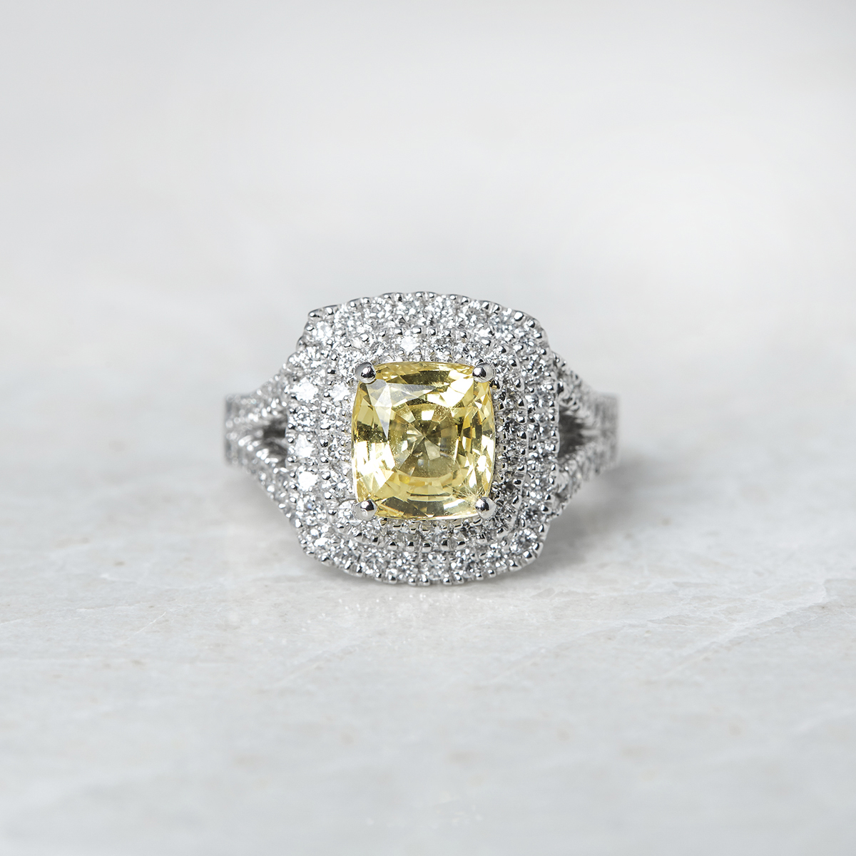 Unbranded, Platinum Cushion Cut 3.56ct Yellow Sapphire & 0.85ct Diamond Ring