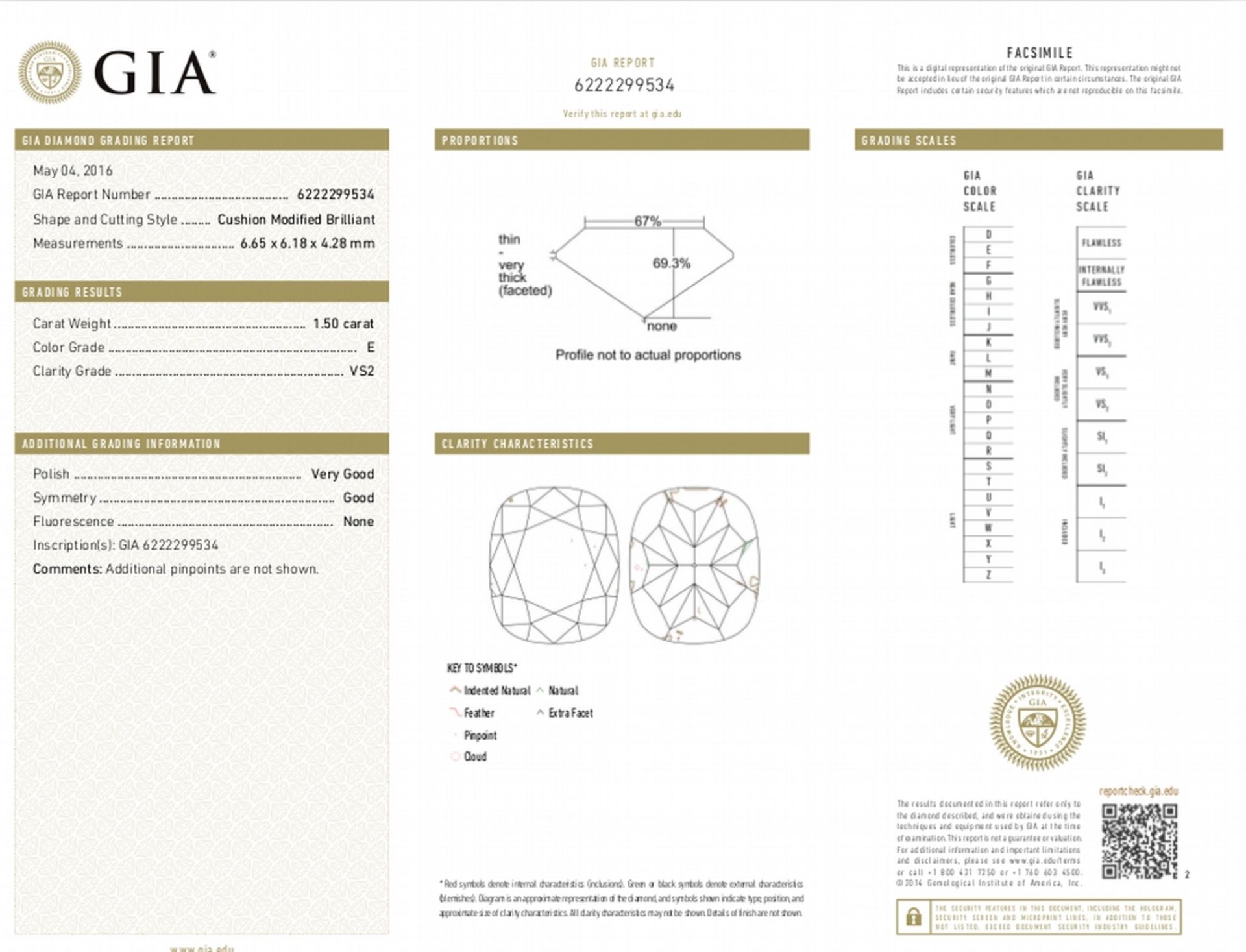 1.50ct cushion cut diamond. E colour, VS2 clarity. 6.65 x 6.18 x 4.28mm. GIA certification _ - Image 5 of 5