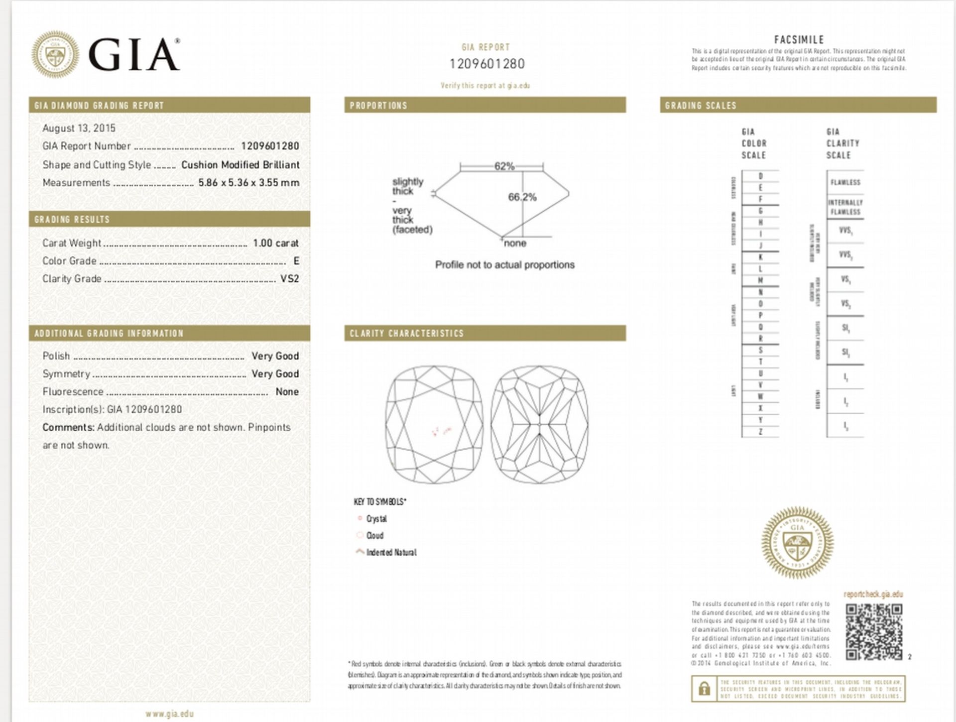 1.00ct cushion cut diamond. E colour, VS2 clarity. 5.86 x 5.36 x 3.55mm. GIA certification _ - Image 5 of 5