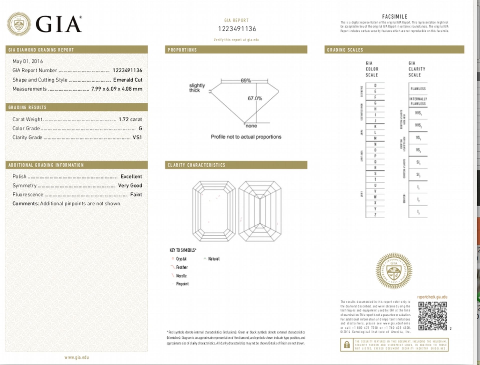 1.72ct emerald cut diamond. G colour, vs1 clarity. 7.99 x 6.09 x 4.08mm. GIA certificate 1223491136_ - Image 5 of 5