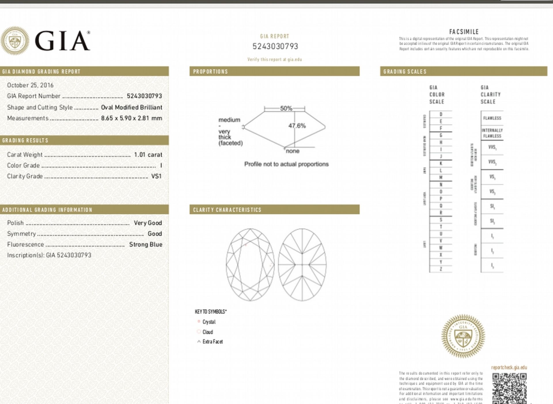 1.01ct oval cut diamond. I colour, VS1 clarity. GIA certification _ 5243030793. 8.65x 5.90 x 2.81mm. - Image 5 of 5