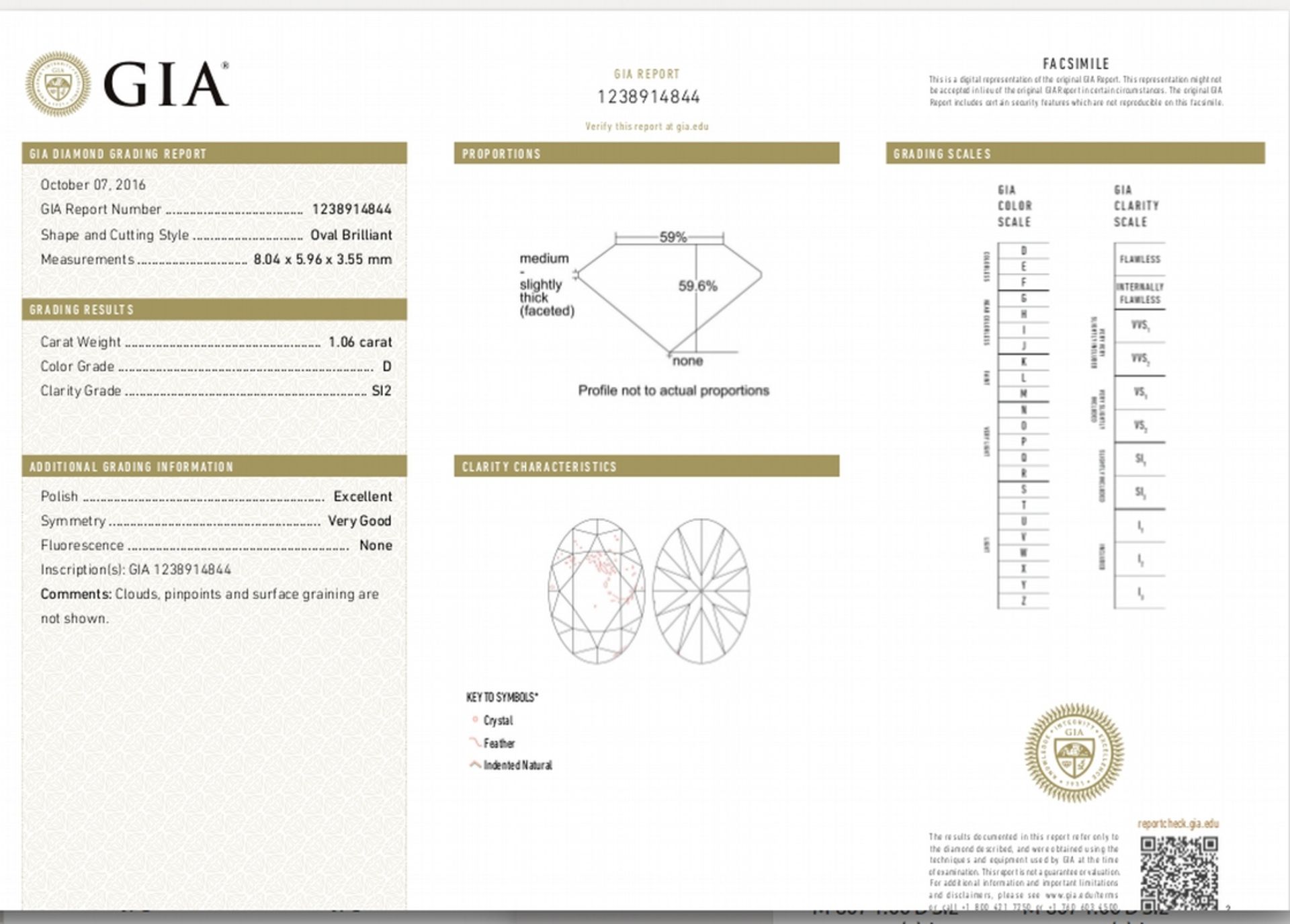 1.06ct oval cut diamond. D colour, SI2 clarity. GIA certification _ 1238914844. 8.04 x 5.96 x 3. - Image 5 of 5