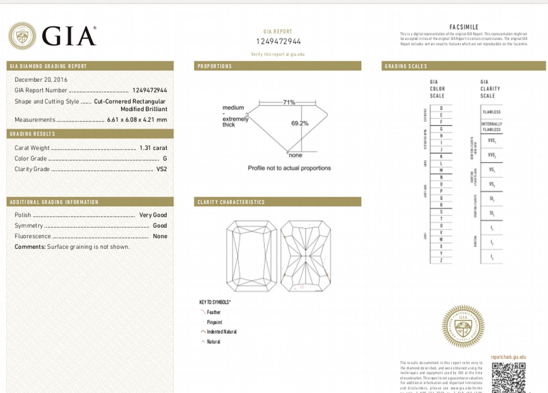 1.31ct radiant cut diamond. G colour, VS2 clarity. GIA certification - 1249472944. 6.61 x 6.08 x 4. - Image 5 of 5