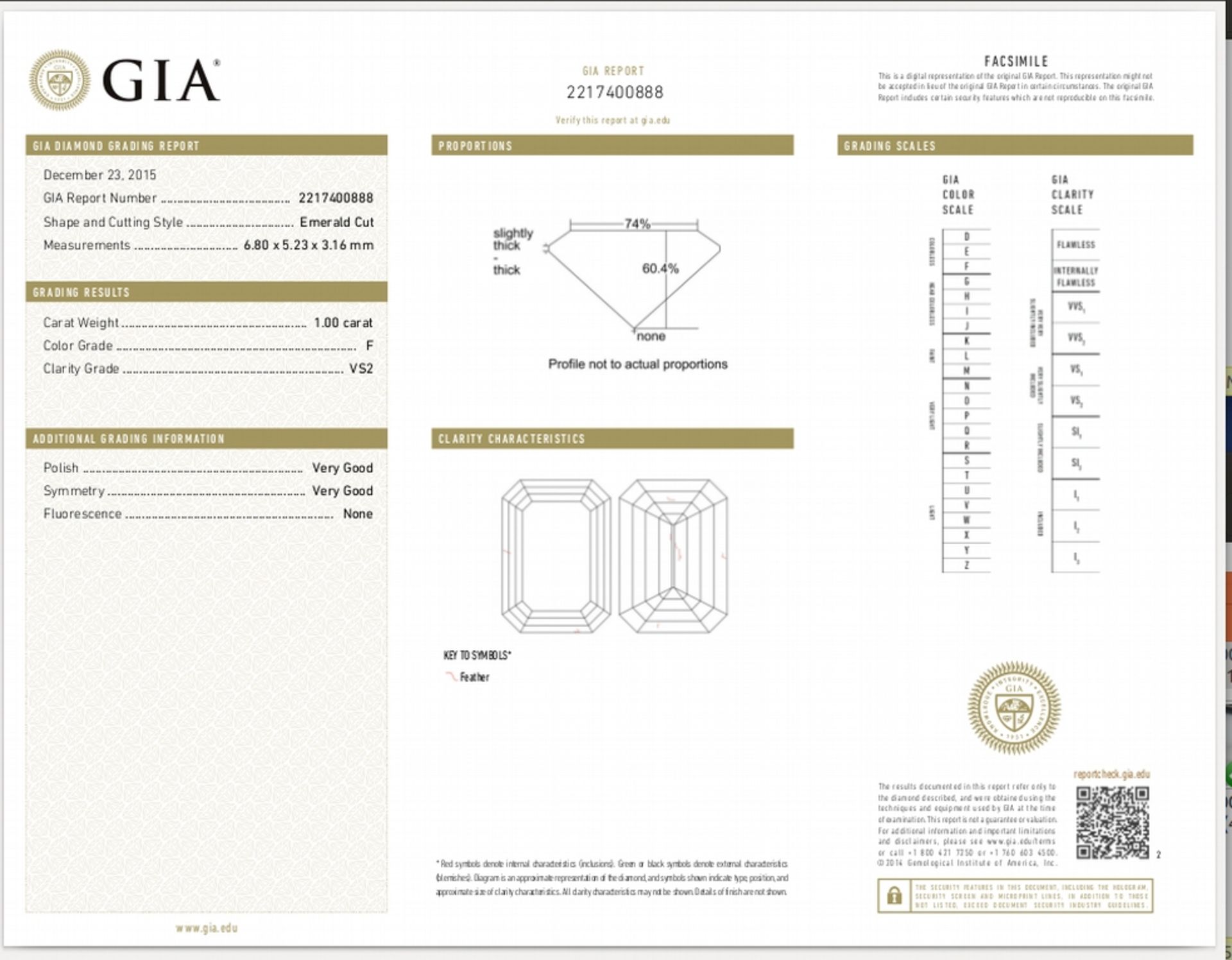 1.00ct emerald cut diamond. F colour, vs2 clarity. 6.80 x 5.23 X 3.16mm. GIA certificate _ - Image 5 of 5