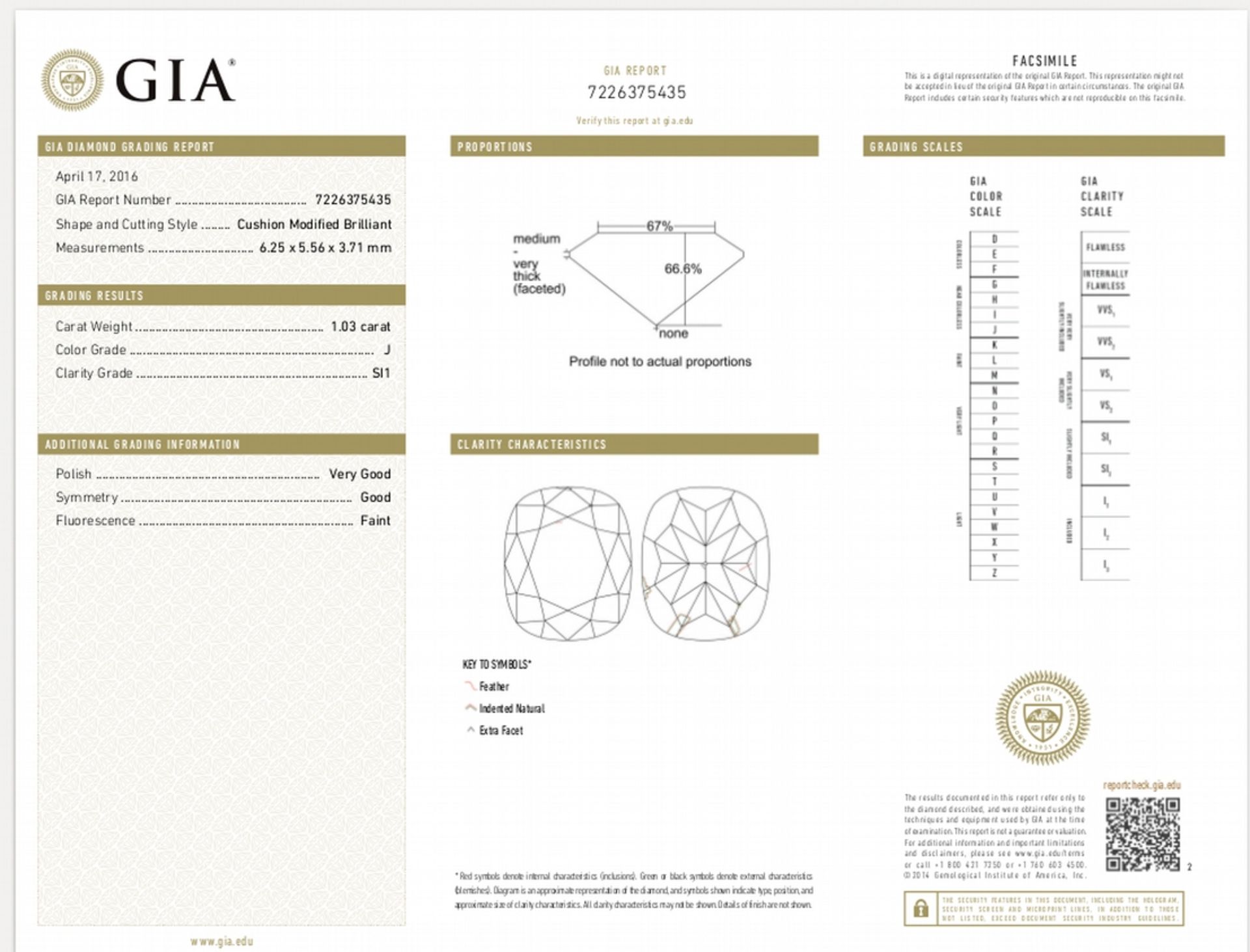 1.03ct cushion cut diamond. J colour, SI1 clarity. 6.25 x 5.56 x 3.71mm. GIA certification _ - Image 5 of 5