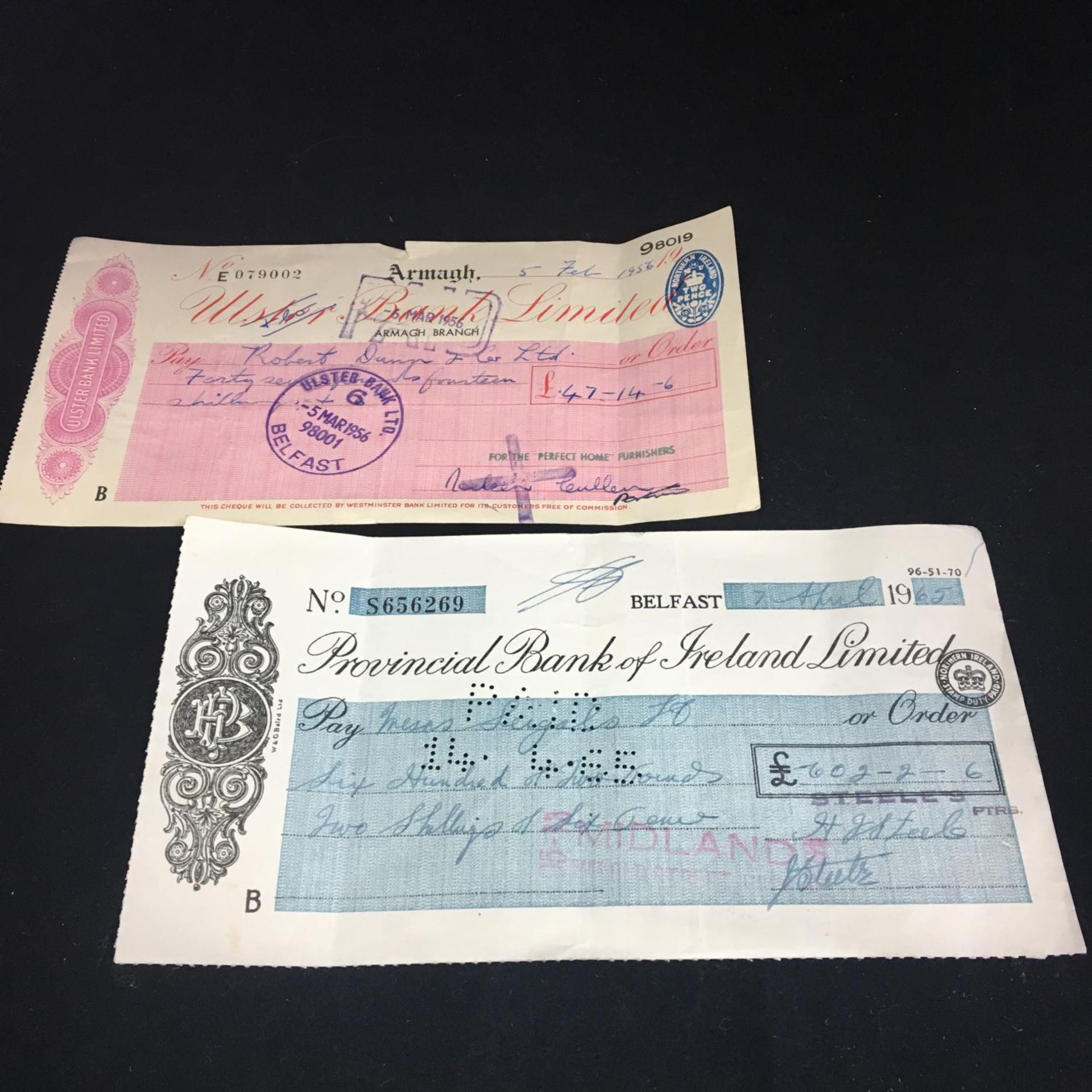 Vintage 1950s 1960s Northen Irish ephemera - bank cheques. Includes free UK delivery.