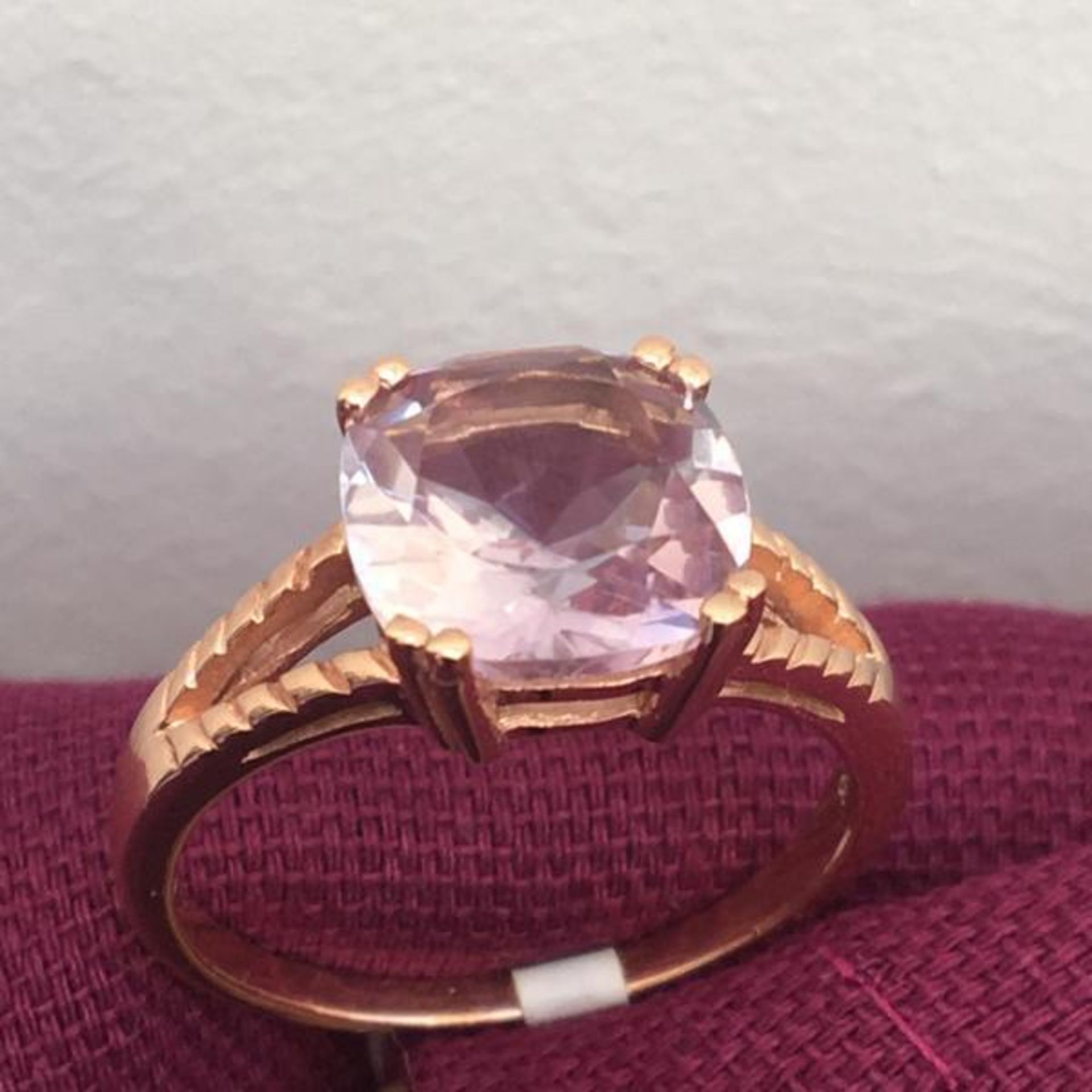 4ct Cushion Cut Rose De France Amethyst Solitaire Ring - Rose Gold Over Sterling Silver. Size R.