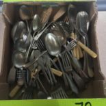 BOX OF ASSORTED LOOSE PLATED CUTLERY. The hammer price includes free packing & shipping to UK