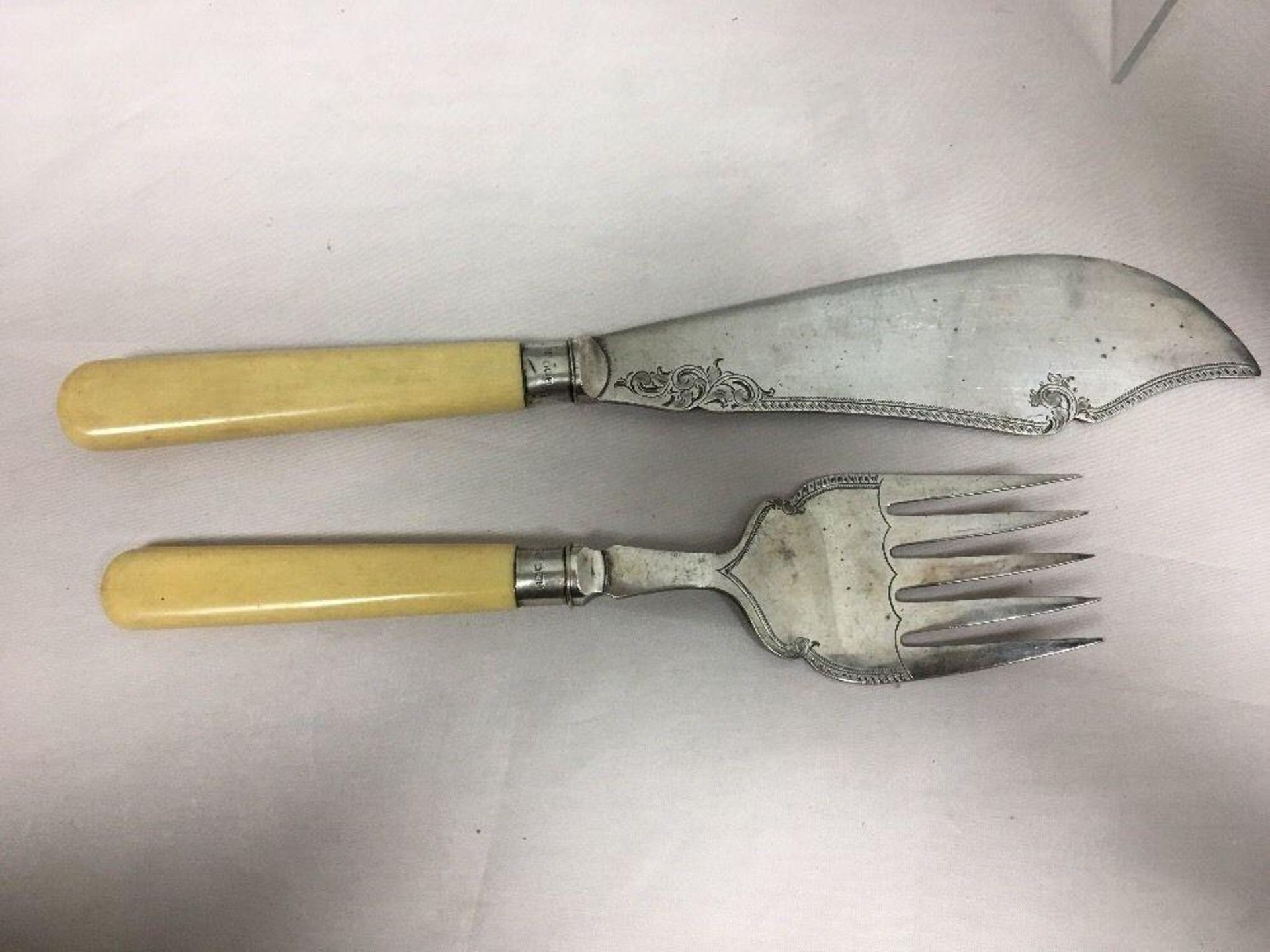 Antique Silver Collared Serving Cutlery Hallmarked Sheffield 1896 Bone Handles. An attractive