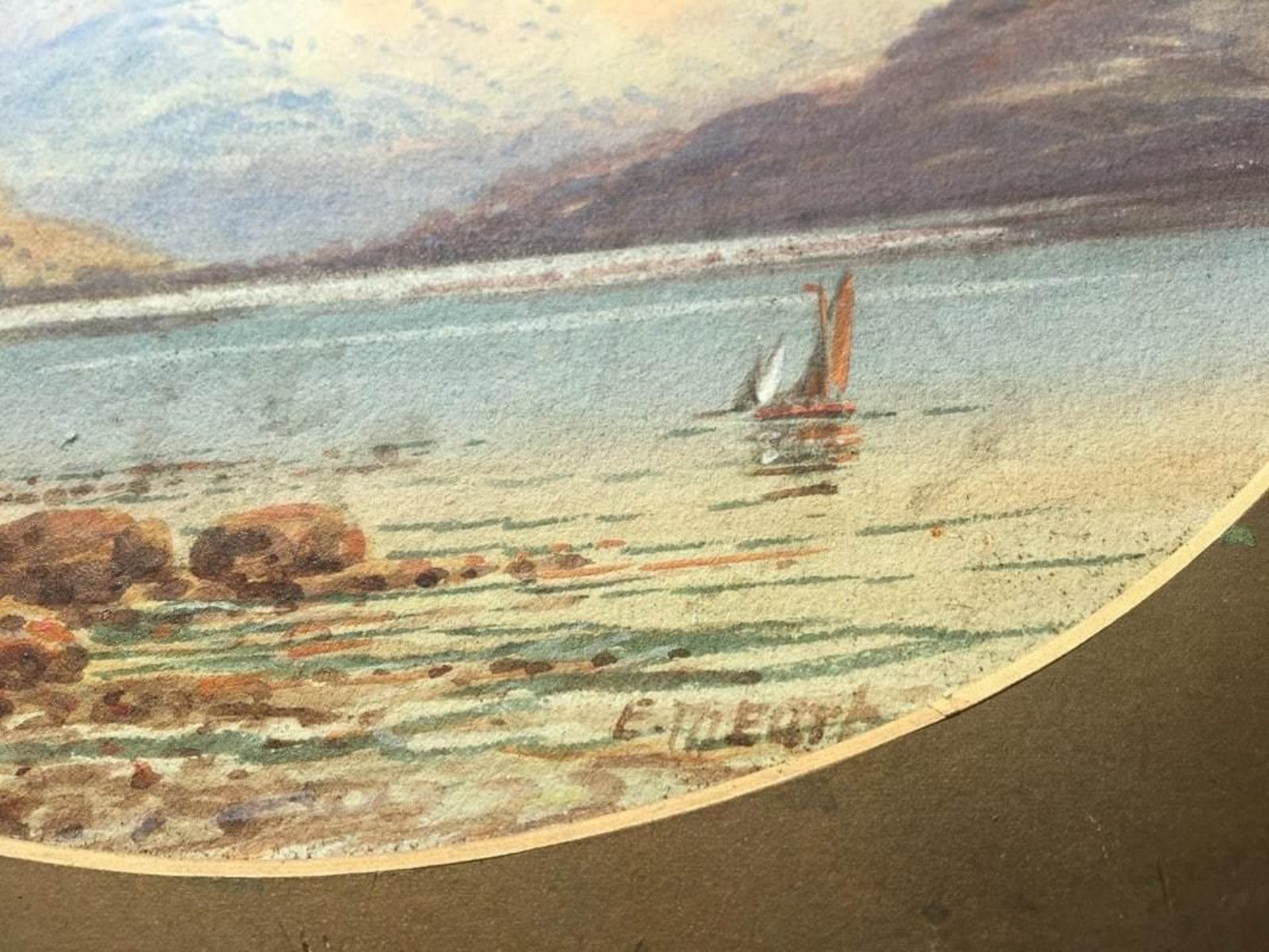 Antique watercolour painting of a beach or coastal scene with indistinct signature - possibly EM - Image 2 of 2