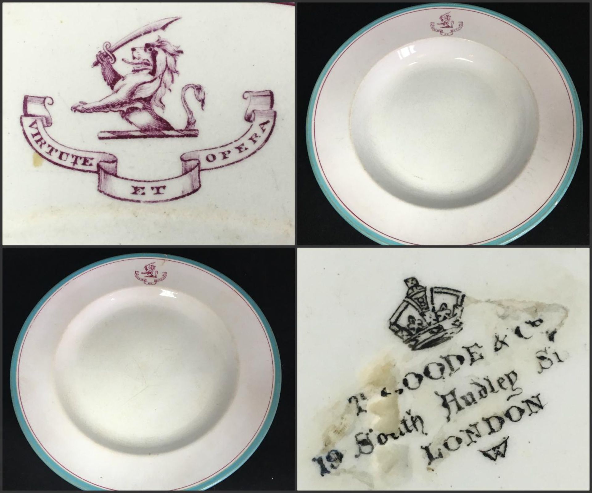 19th century heraldic plate and bowl "vertute et opera" the motto of the Duke of Fife. c1880.