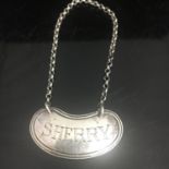 Hallmarked Sterling Silver 1922 Sherry Decanter Neck Label. Includes free UK delivery.