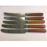 Set of 5 Vintage Brown or Butterscotch Bakelite Handled Knives by Thomas Turner