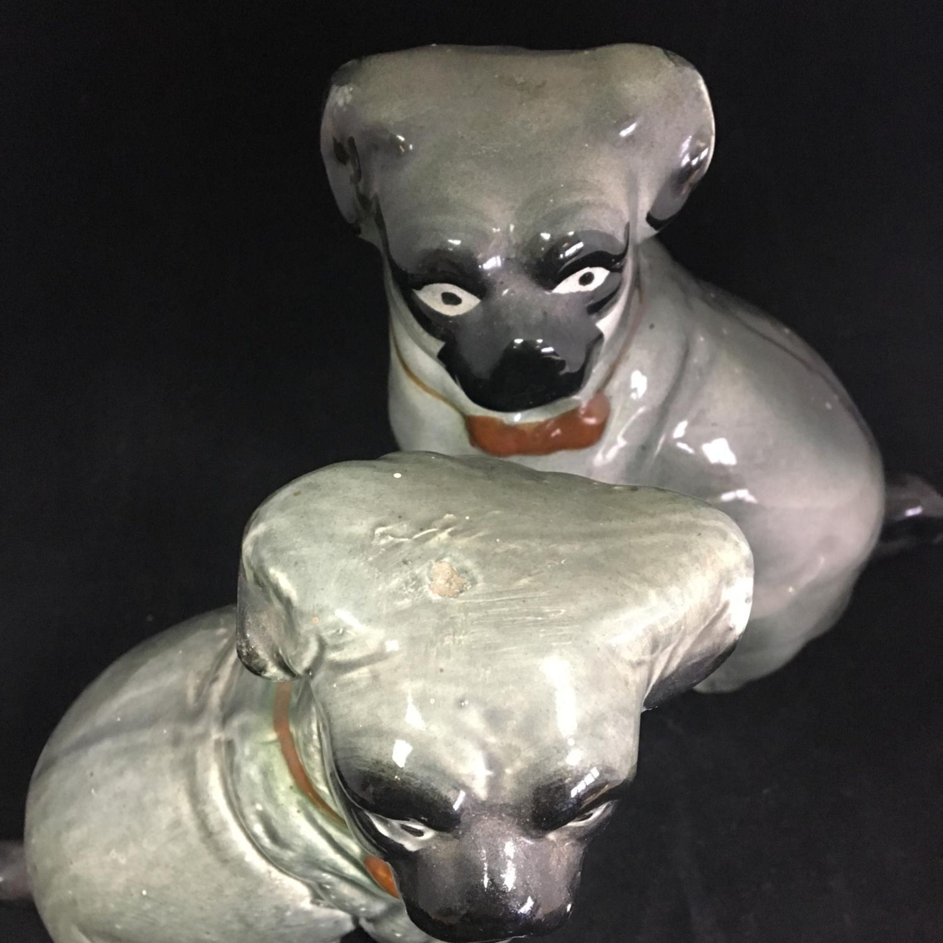 Antique Victorian era ceramic seated pugs. Matched (not an exact pair). Standing around 20cm high. - Image 5 of 6